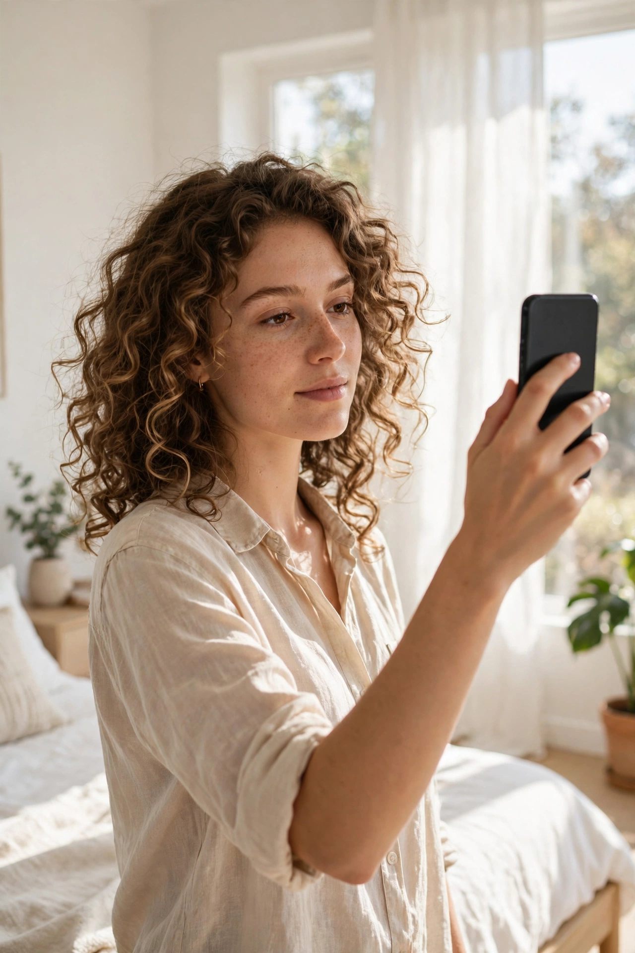 Young woman with soft heatless overnight curls and bouncy natural volume, standing in a bright modern bedroom with morning sunlight coming through a window, holding a phone as if about to take a photo.