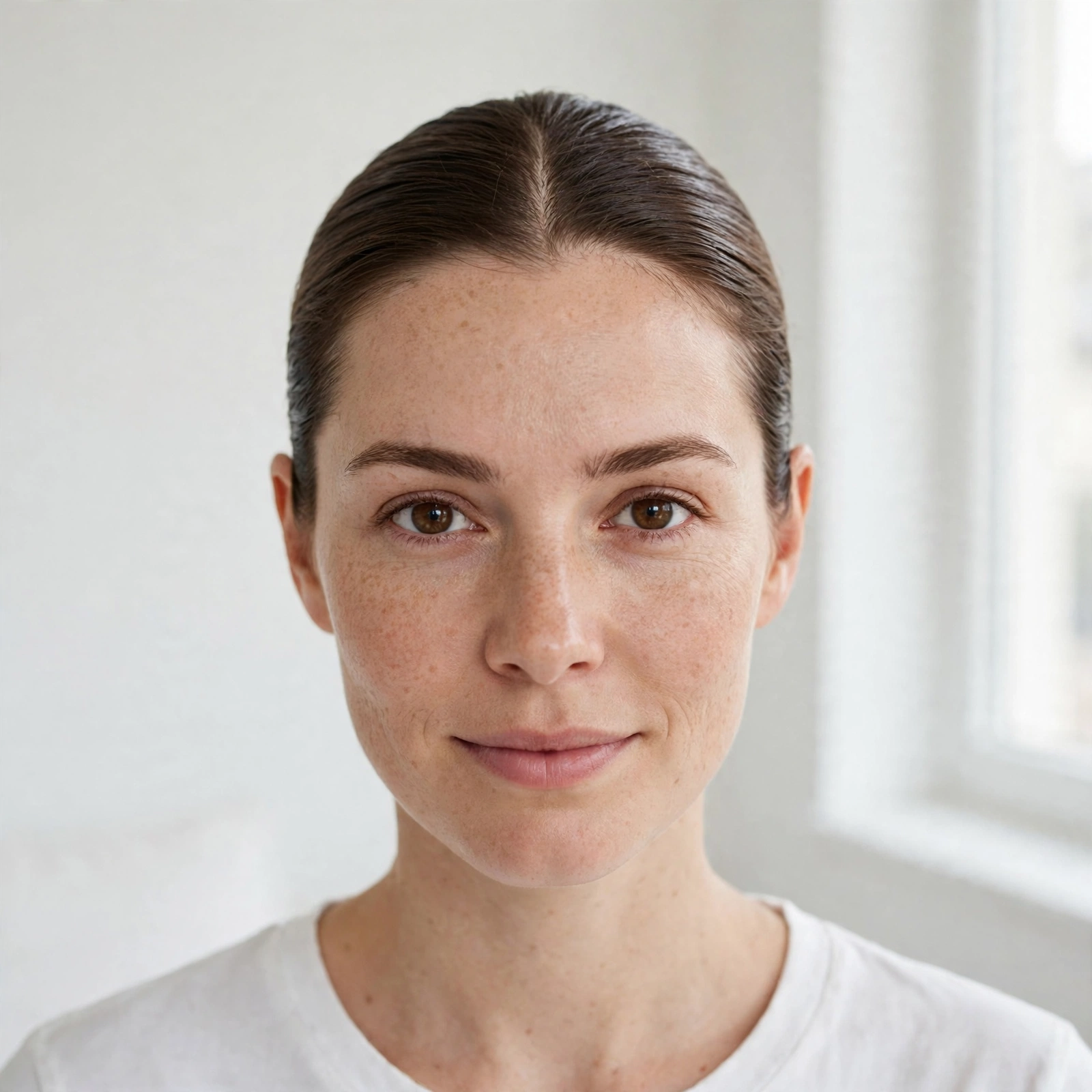 Woman with a clean girl slick bun, middle part, and glossy smooth finish, photographed in a bright minimalist room with white walls and soft daylight, front-facing shot from the shoulders up.