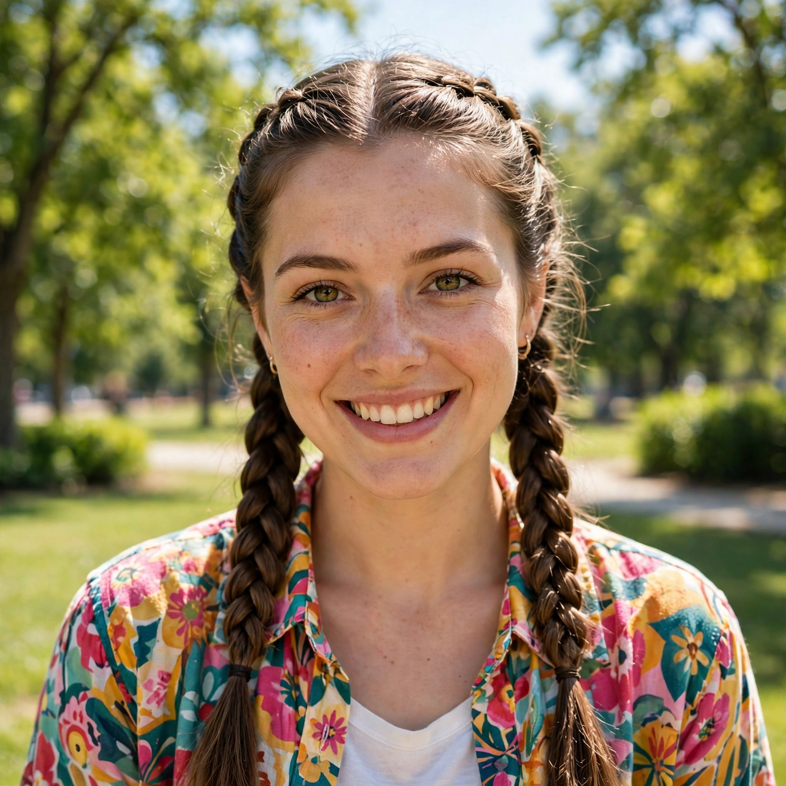 Woman with double braided pigtails and a casual colourful outfit, photographed outdoors in a bright sunny park, cheerful daylight, front-facing shot.