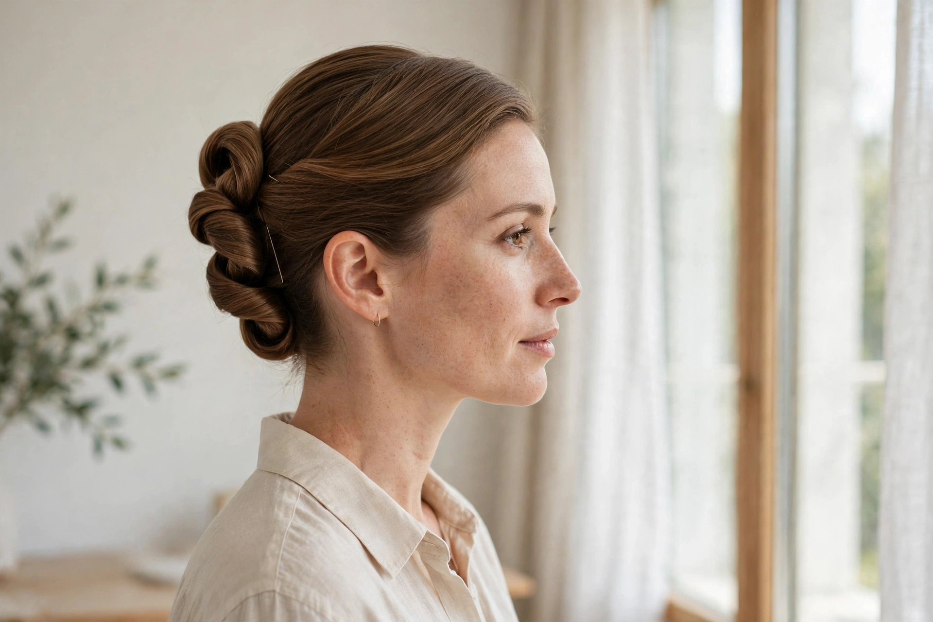 Woman with a French pin twist updo and elegant minimal styling, photographed in a bright airy room near a large window, soft daylight, side-angle shot showing the twist detail.