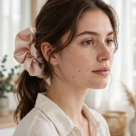 Young woman with a low ponytail tied with an oversized blush satin scrunchie and a small pearl pin accent, standing in a bright airy room with soft morning light.