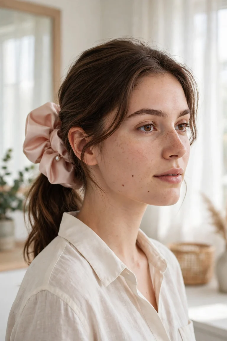 Young woman with a low ponytail tied with an oversized blush satin scrunchie and a small pearl pin accent, standing in a bright airy room with soft morning light.