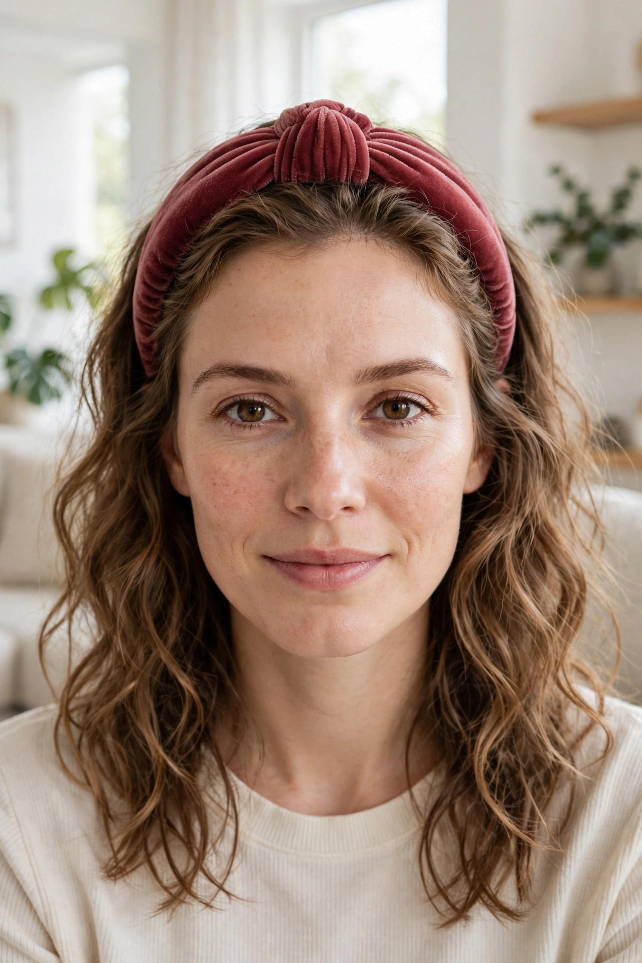 Woman wearing a padded velvet headband in deep rose with soft wavy hair, photographed in a bright modern living room with natural daylight, front-facing shot from the shoulders up.