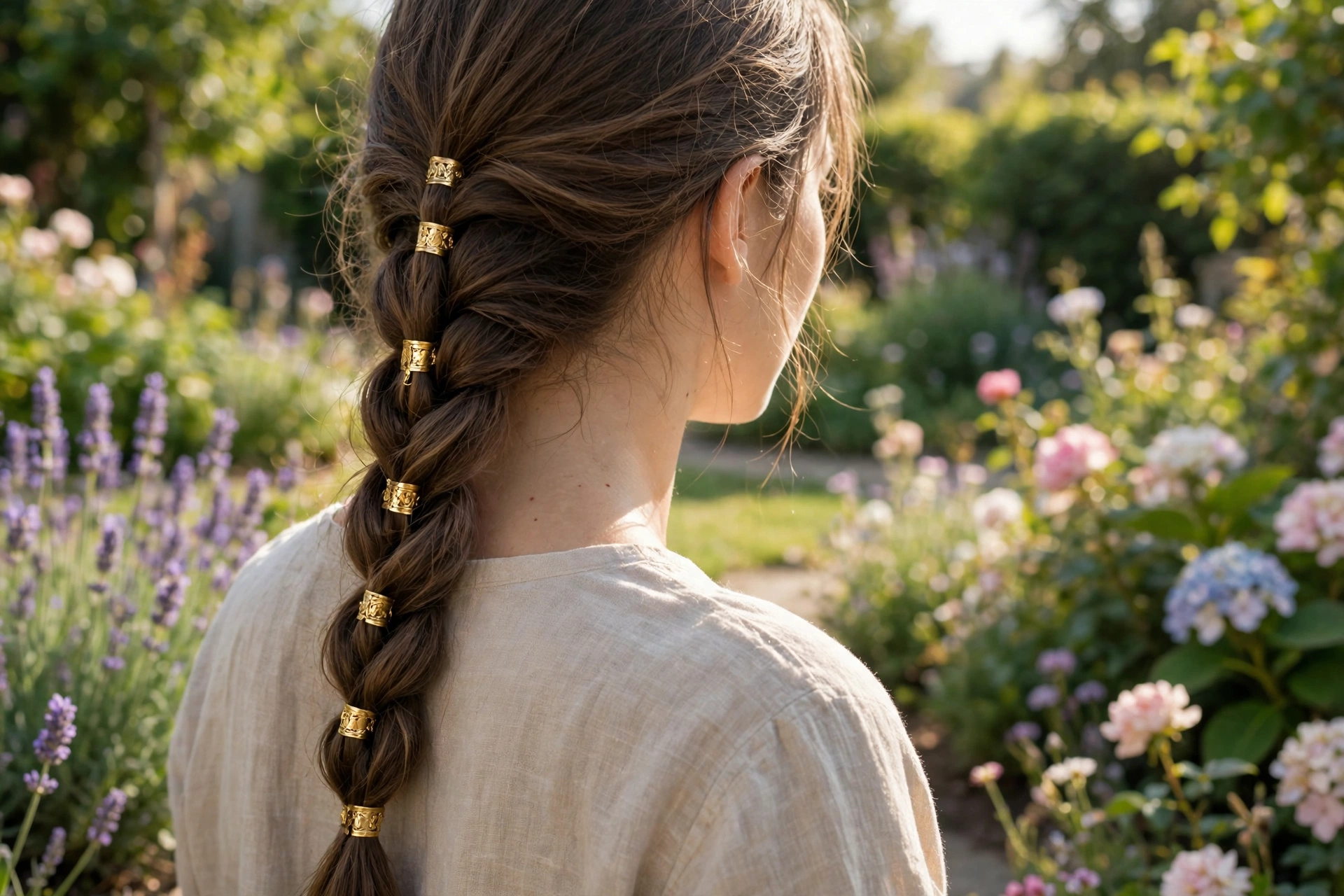Woman with a long braid decorated with small gold cuffs spaced along its length, shown from behind at a slight angle in a bright outdoor garden, soft afternoon light.