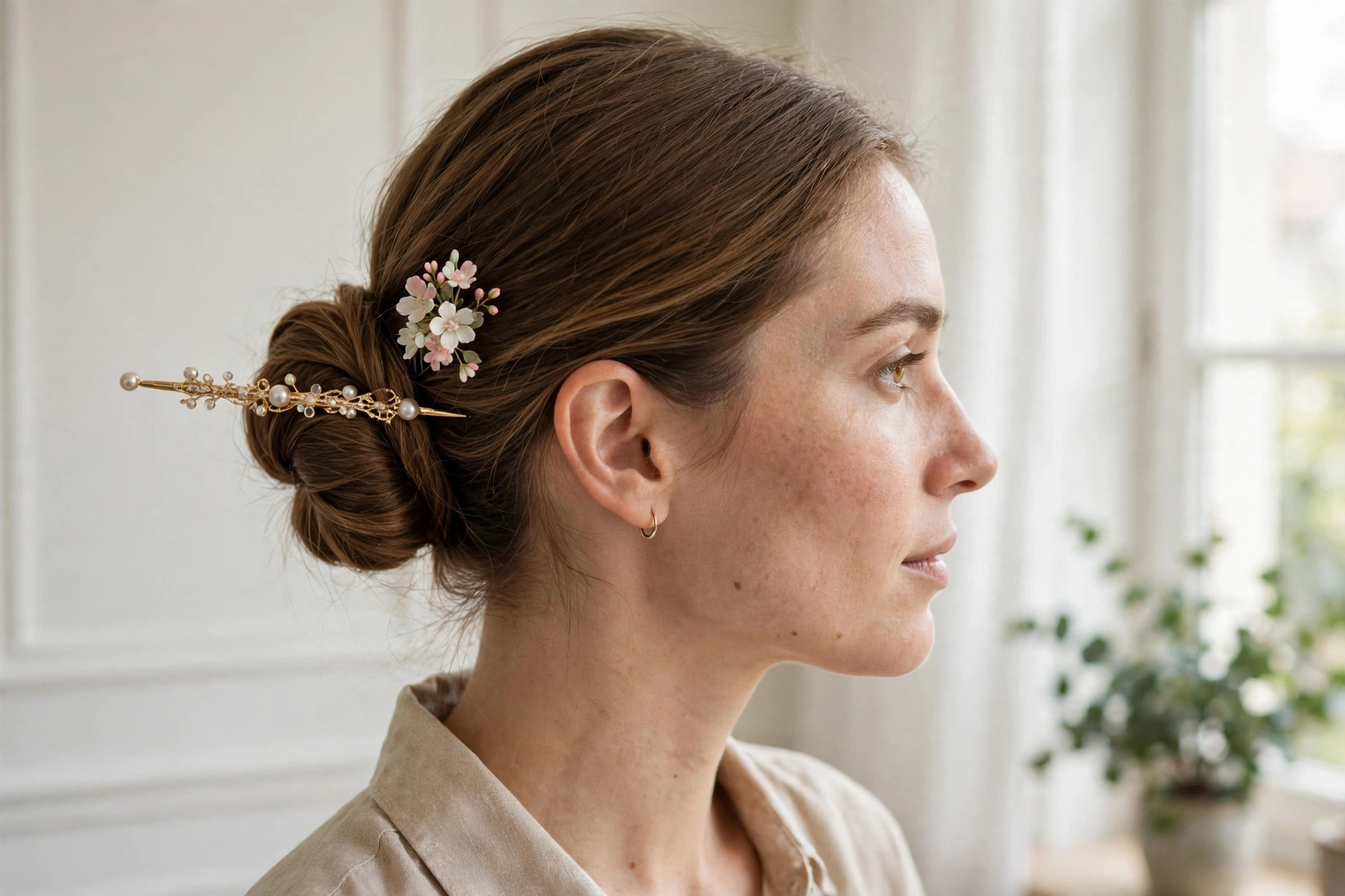 Woman with a low bun secured by a decorative hair stick and a small floral hair comb, photographed in a bright elegant room near a window, side-angle shot showing the bun detail.