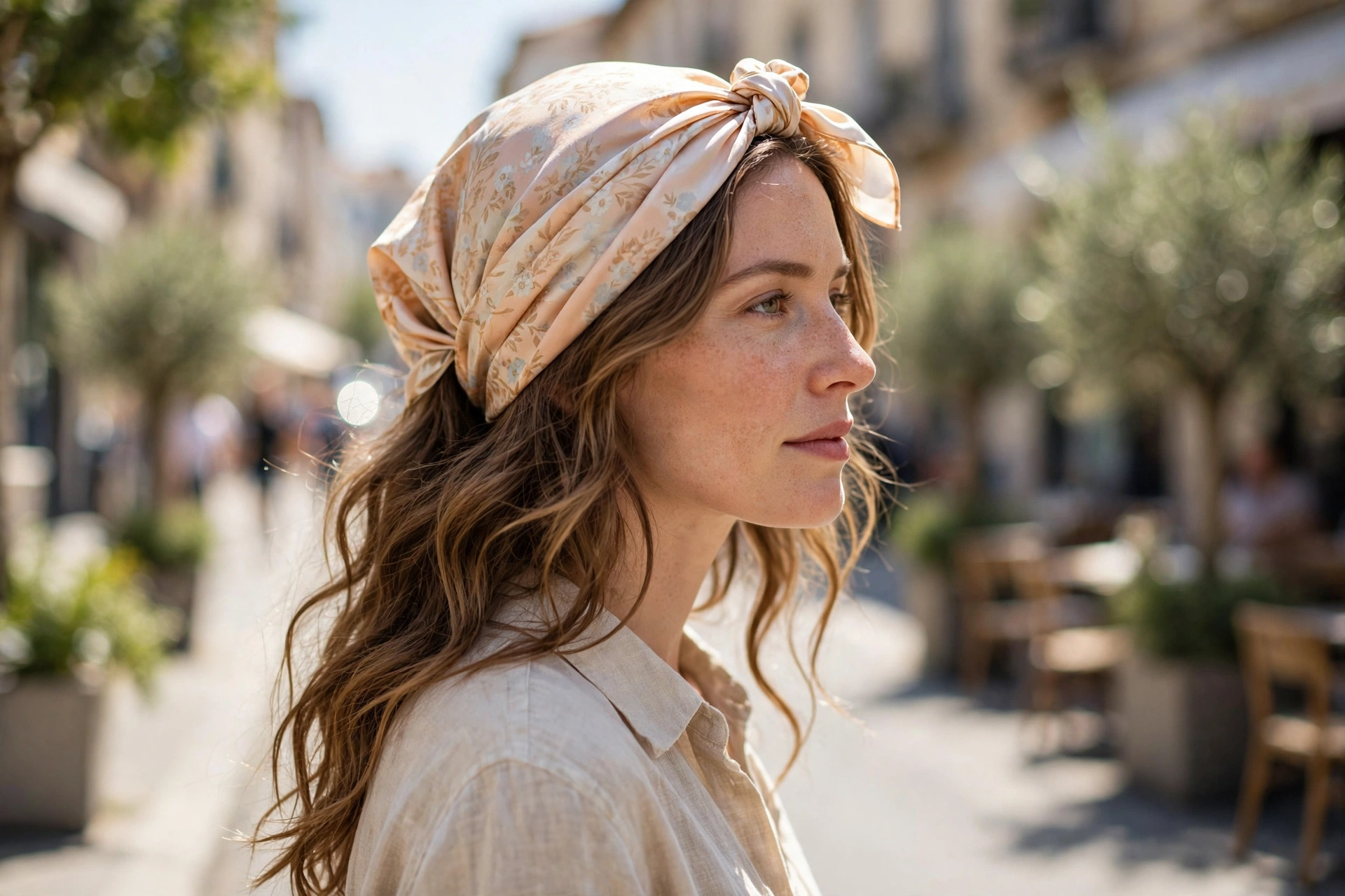 Woman with loose waves and a silk scarf tied as a head wrap with a knotted detail, standing in a bright sunny street setting with soft focus background, three-quarter angle.