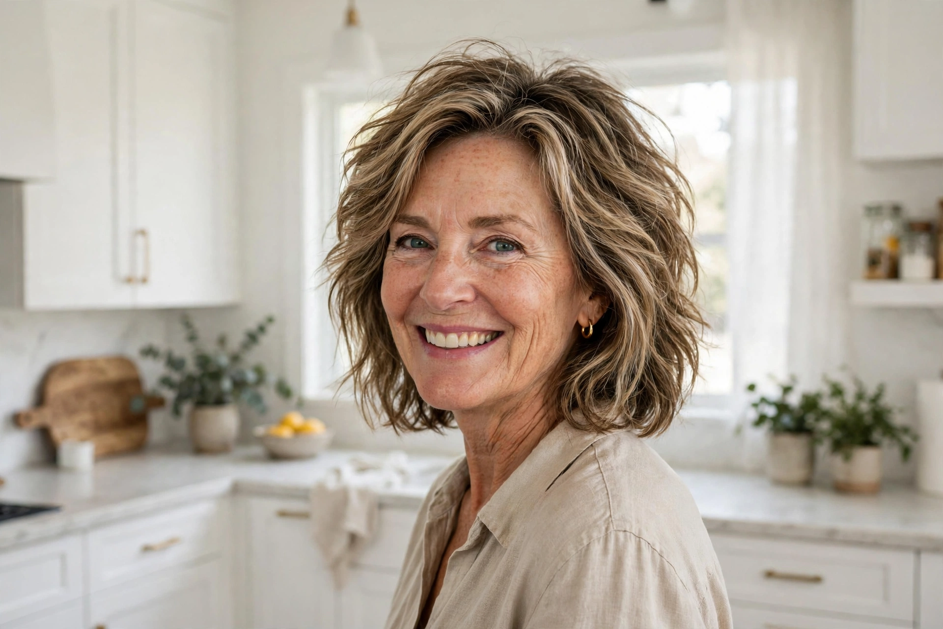 A smiling woman in her mid-fifties with a piecey lob and visibly full, lifted layers, standing in a bright modern kitchen with white cabinets and soft daylight, photographed from a three-quarter angle at shoulder height, clean bright editorial style.