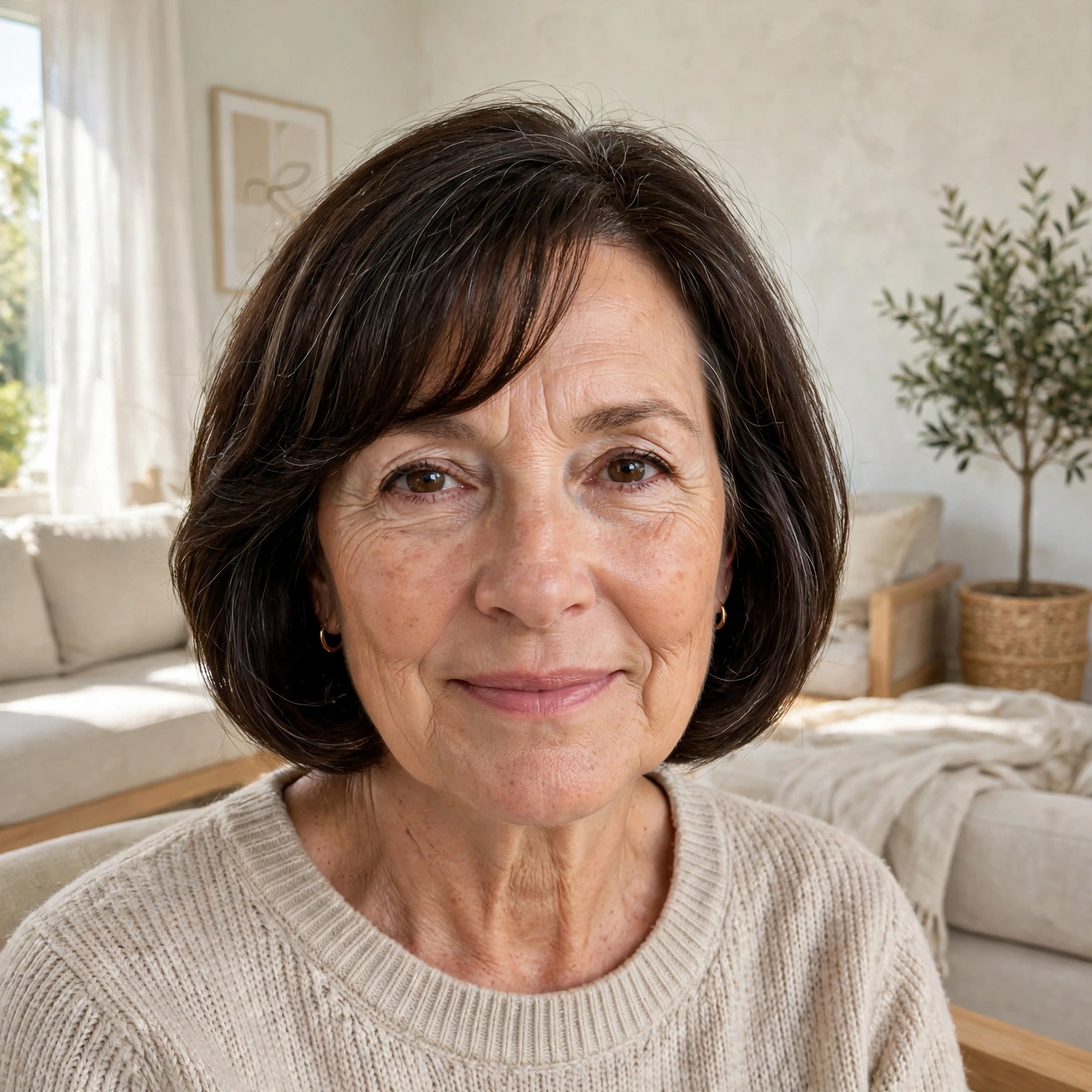 A woman in her late fifties with a side-fringe bob and a soft, full hairline, seated in a sunlit living room with light furniture, photographed straight-on from the shoulders up, bright natural lighting.