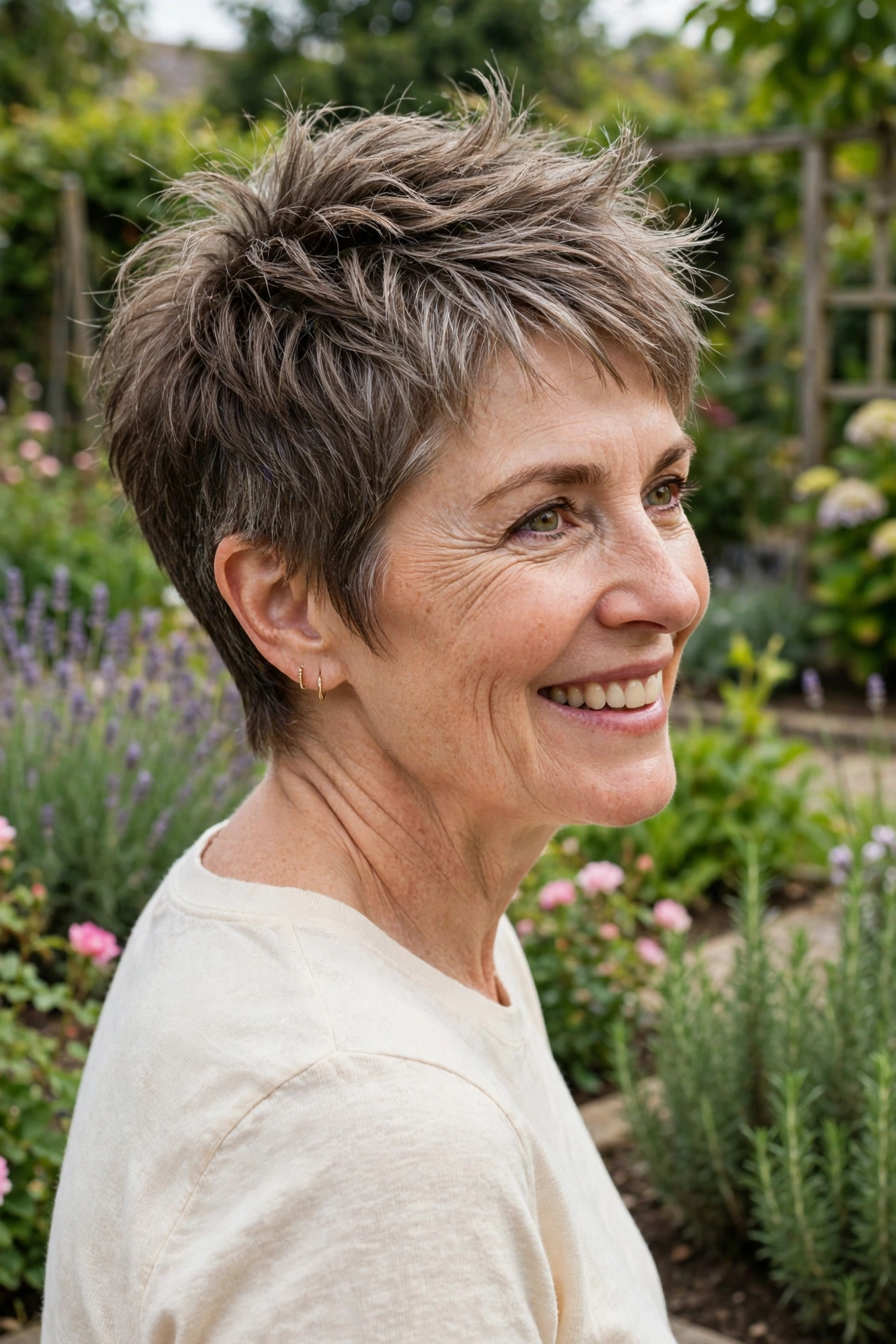 A woman in her early fifties with a piecey pixie and a textured, lifted top, wearing a simple cream top, standing outdoors in a bright garden in soft daylight, photographed from a slight side angle, cheerful mood.