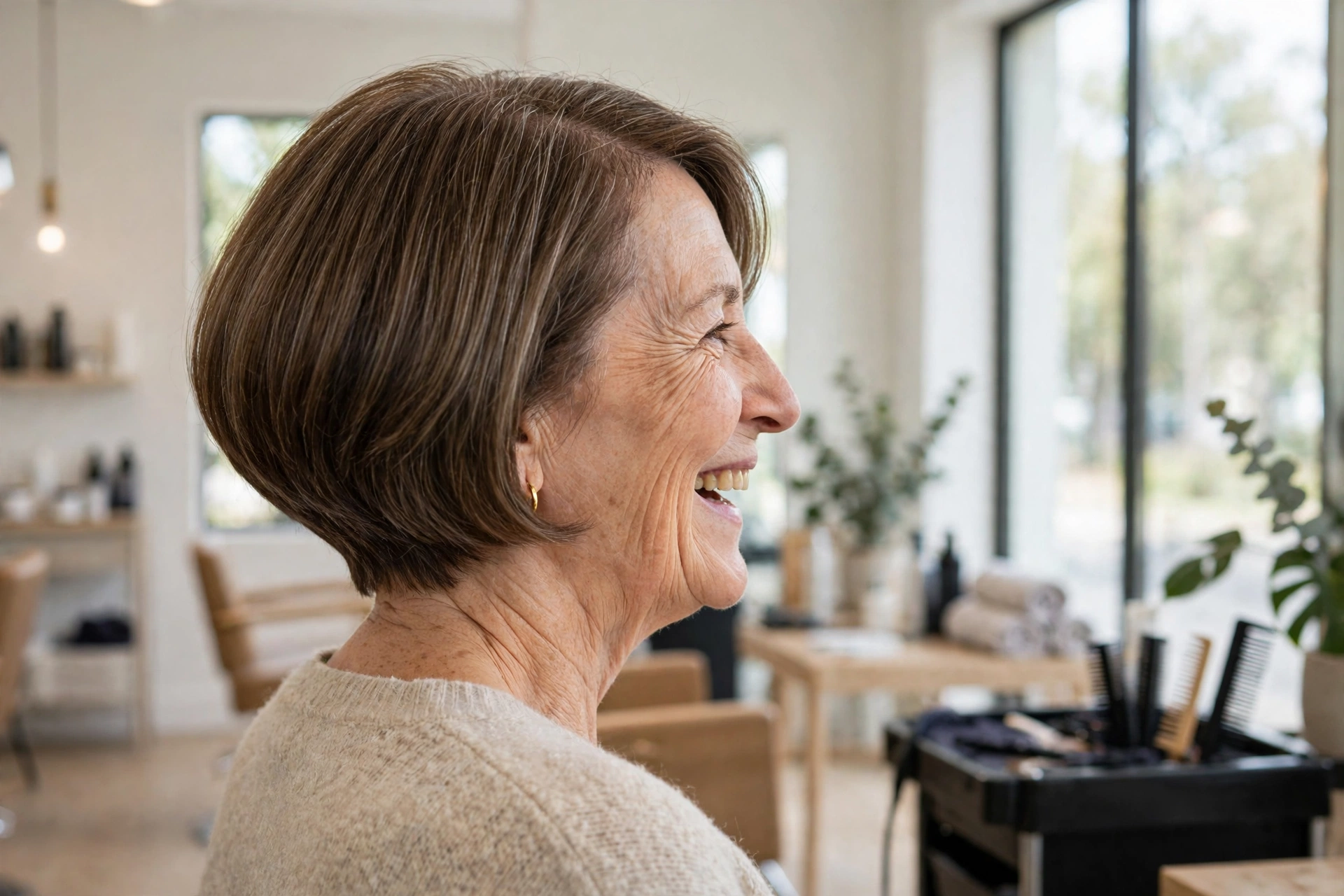 A woman in her mid-fifties with a bob with a rounded back and tapered nape, laughing gently in a bright salon with pale walls and large windows, photographed from a side-back angle, clean bright style.