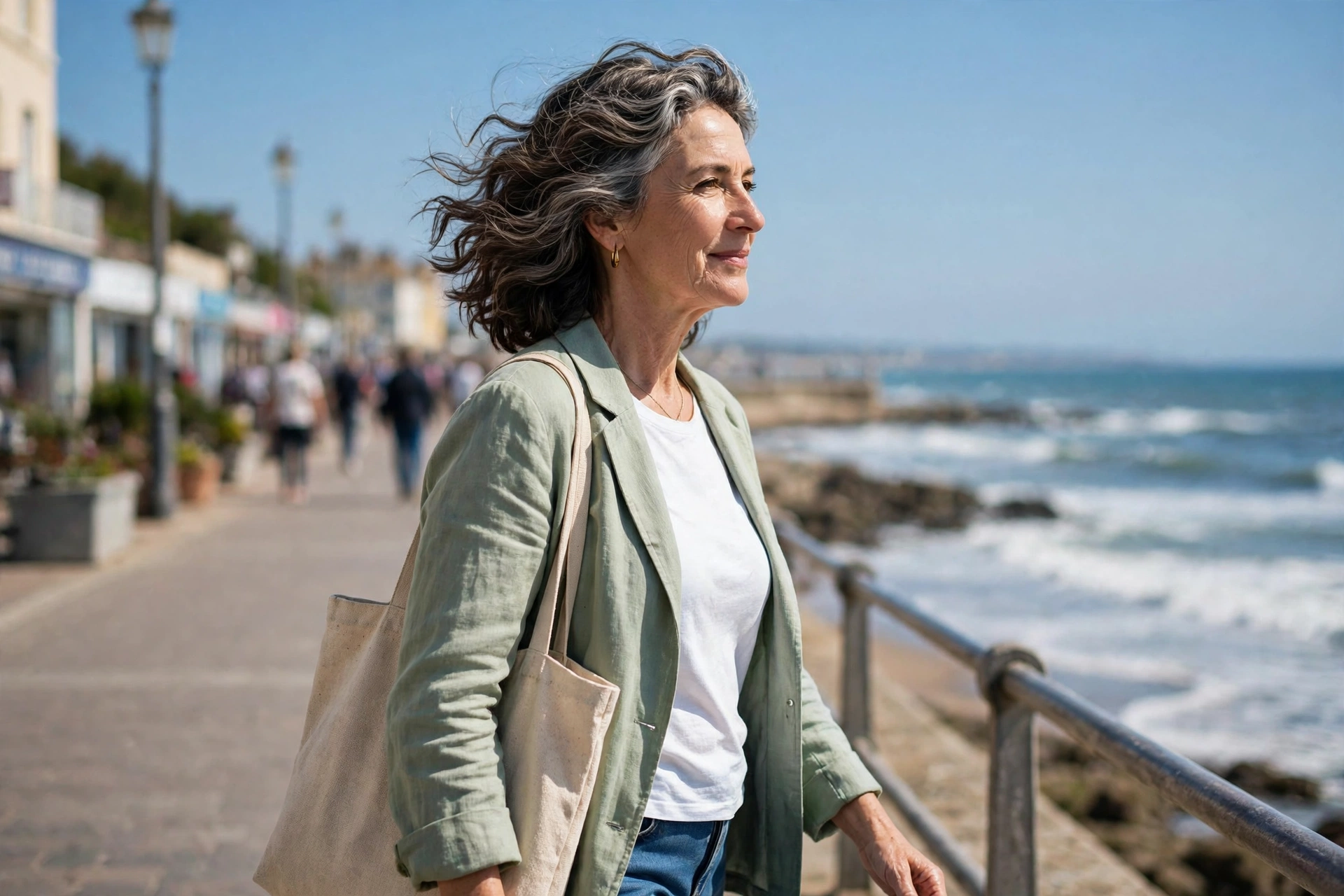A woman in her late fifties with a wavy lob and a diffused wave pattern, walking along a sunny seaside promenade, photographed from a slight side angle showing the waves and fullness, bright daylight, relaxed confident mood.