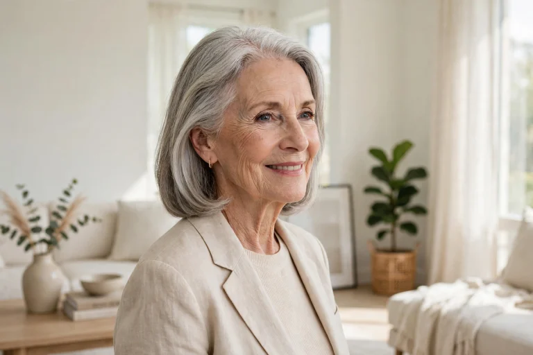 An elegant woman in her early sixties with a silver lob and a smooth, polished finish, smiling gently, standing in a bright modern living room with pale walls and soft morning light, photographed from a three-quarter angle at shoulder height, clean bright editorial style.