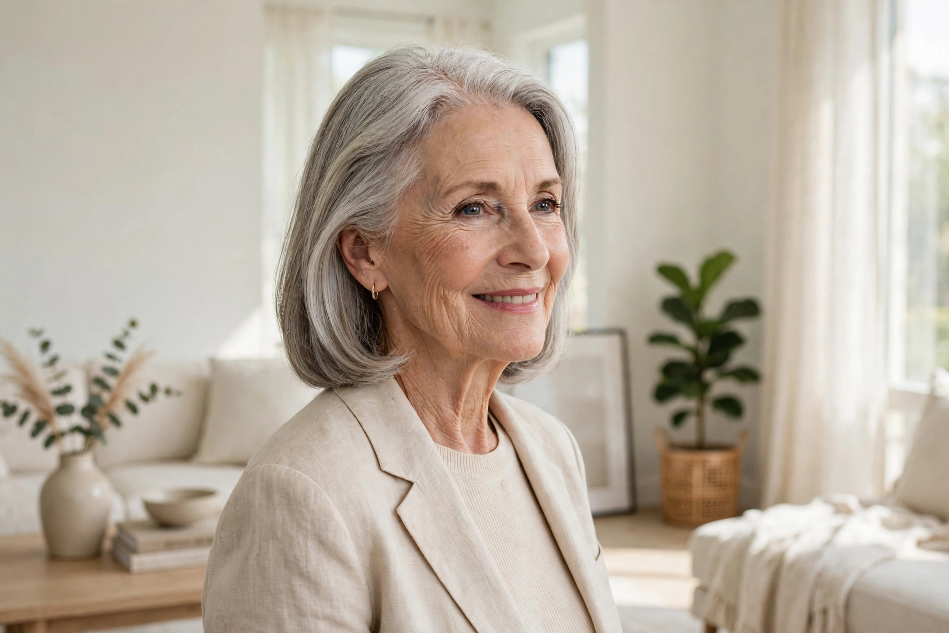 An elegant woman in her early sixties with a silver lob and a smooth, polished finish, smiling gently, standing in a bright modern living room with pale walls and soft morning light, photographed from a three-quarter angle at shoulder height, clean bright editorial style.