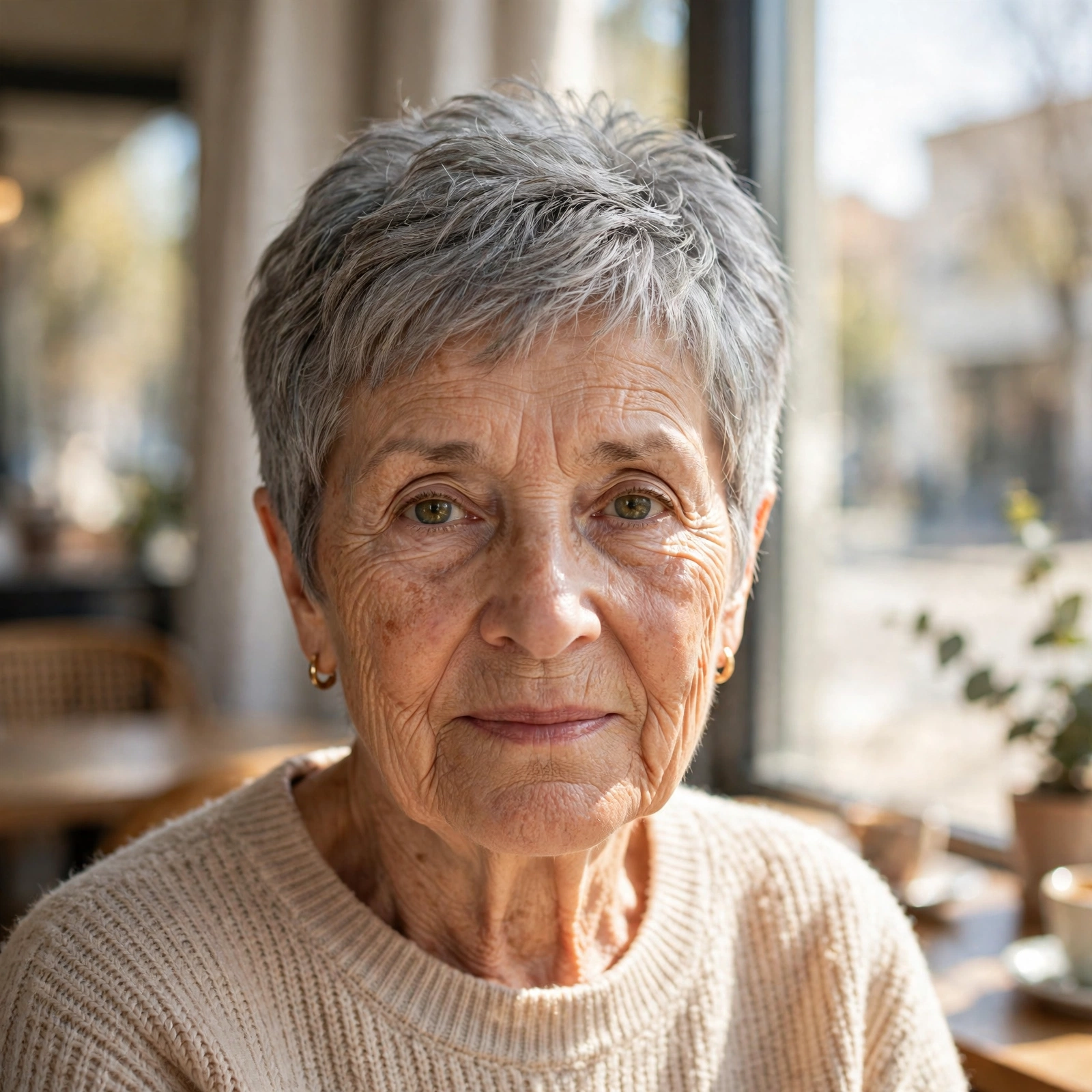 A woman in her late sixties with a gray pixie and a soft, textured crown, seated in a sunlit café near a window, photographed straight-on from the shoulders up, bright natural lighting.