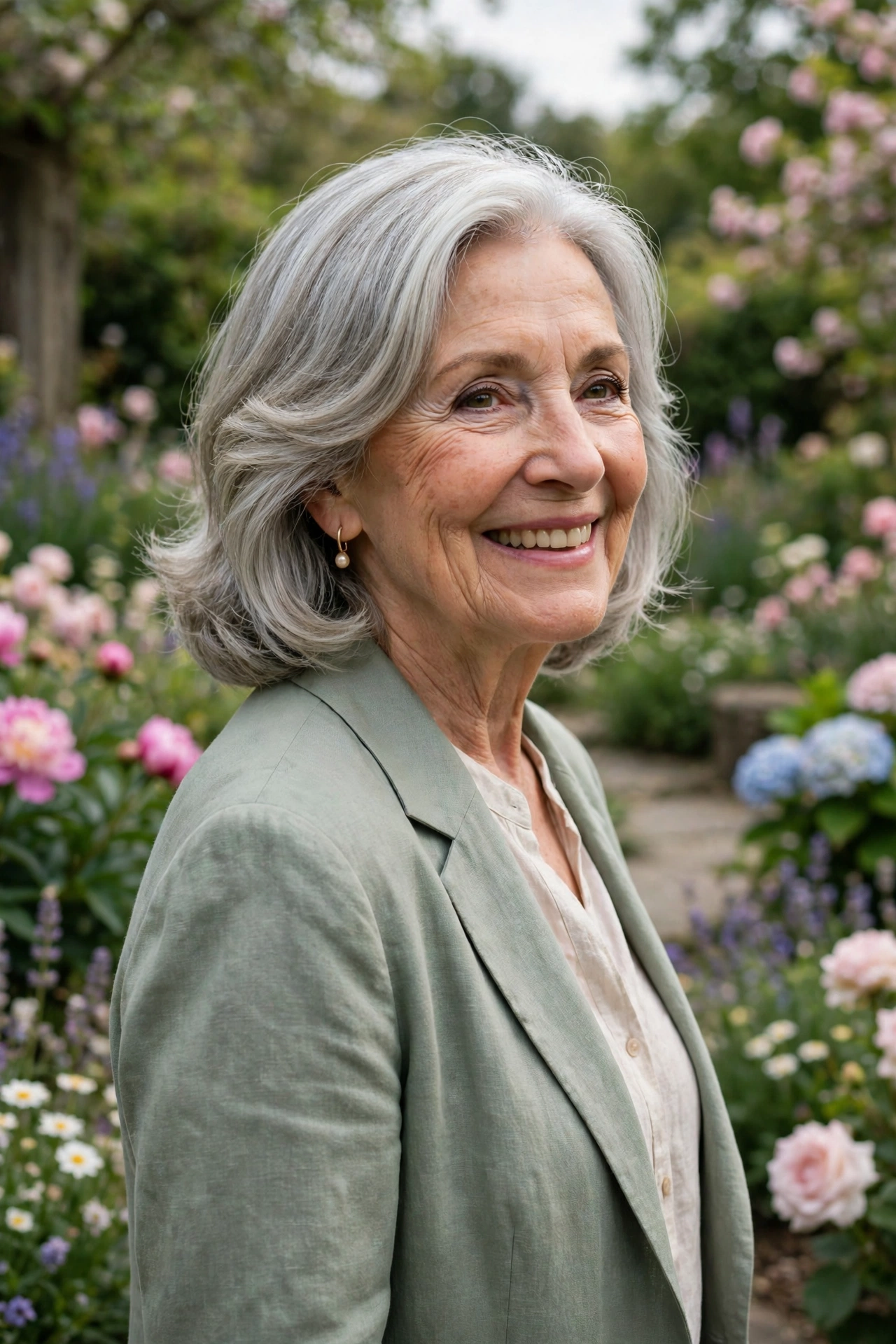 A woman in her mid-sixties with a silver shoulder cut and a refined wave, standing outdoors in a blooming garden in soft daylight, photographed from a slight side angle, graceful cheerful mood.