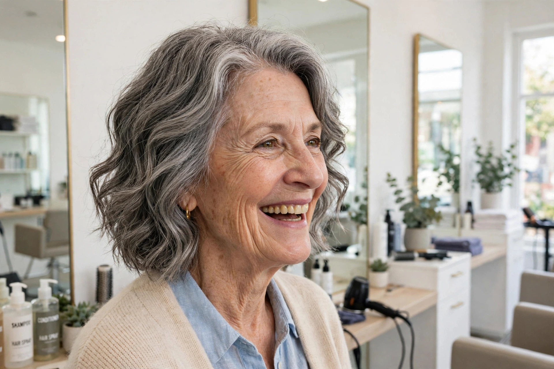 A woman in her early sixties with a gray wavy lob and a graceful shape, laughing softly in a bright salon with white walls and large mirrors, photographed from a three-quarter angle, clean bright style.