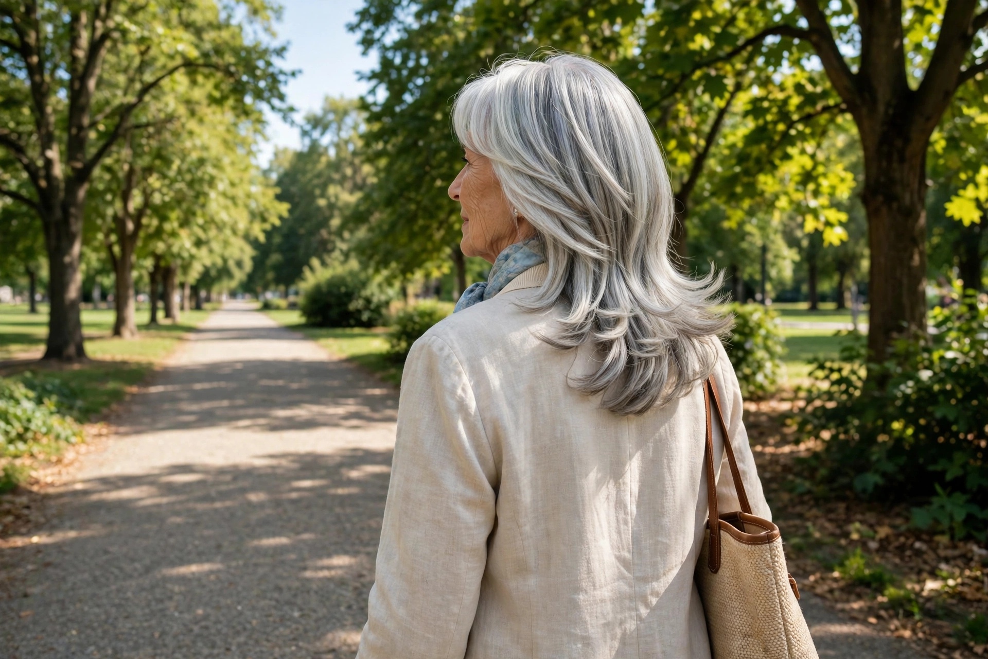 A woman in her late sixties with a silver long cut and feathered ends, walking along a sunny park path lined with trees, photographed from behind at a three-quarter angle, bright daylight, relaxed elegant mood.
