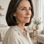 A woman in her late fifties with a quietly polished shoulder-length cut and a smooth, healthy finish, standing in a bright, minimalist living room with neutral tones and soft daylight, photographed from a three-quarter angle at chest height, clean editorial style.