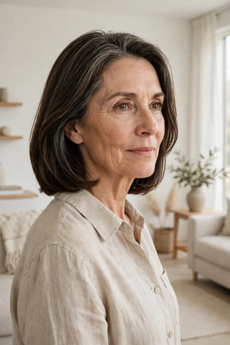 A woman in her late fifties with a quietly polished shoulder-length cut and a smooth, healthy finish, standing in a bright, minimalist living room with neutral tones and soft daylight, photographed from a three-quarter angle at chest height, clean editorial style.