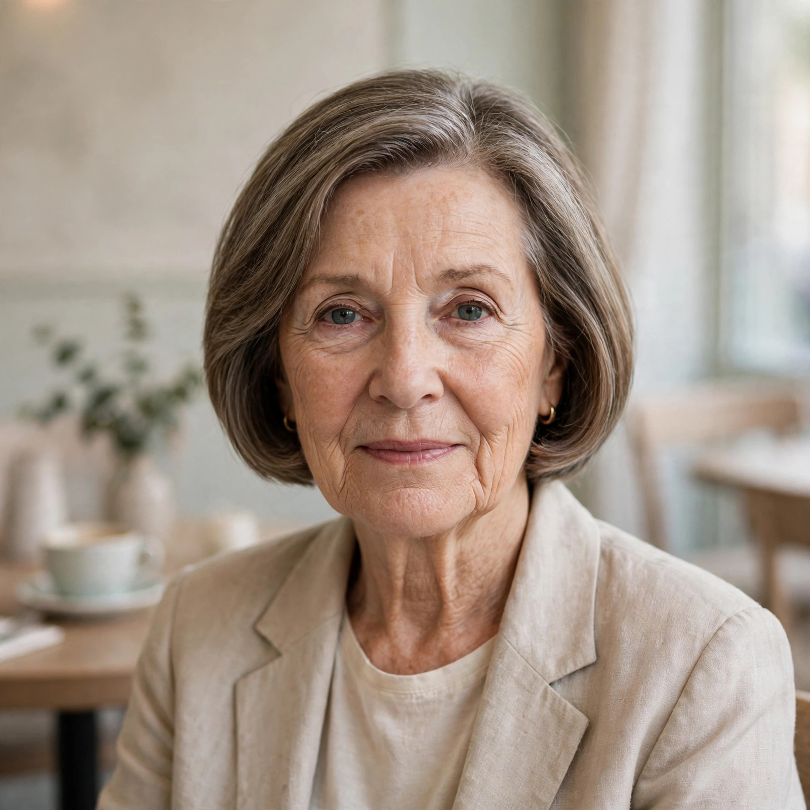 A woman in her early sixties with an understated bob and a soft line, seated in a calm, elegant café with pale decor, photographed straight-on from the shoulders up, natural lighting.