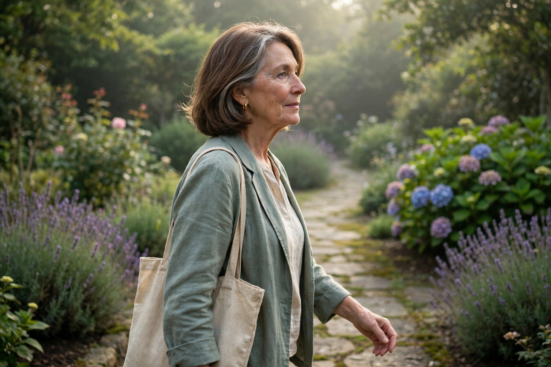 A woman in her mid-fifties with a classic midi cut and a natural finish, walking along a quiet garden path in soft morning light, photographed from a side angle, serene and graceful mood.