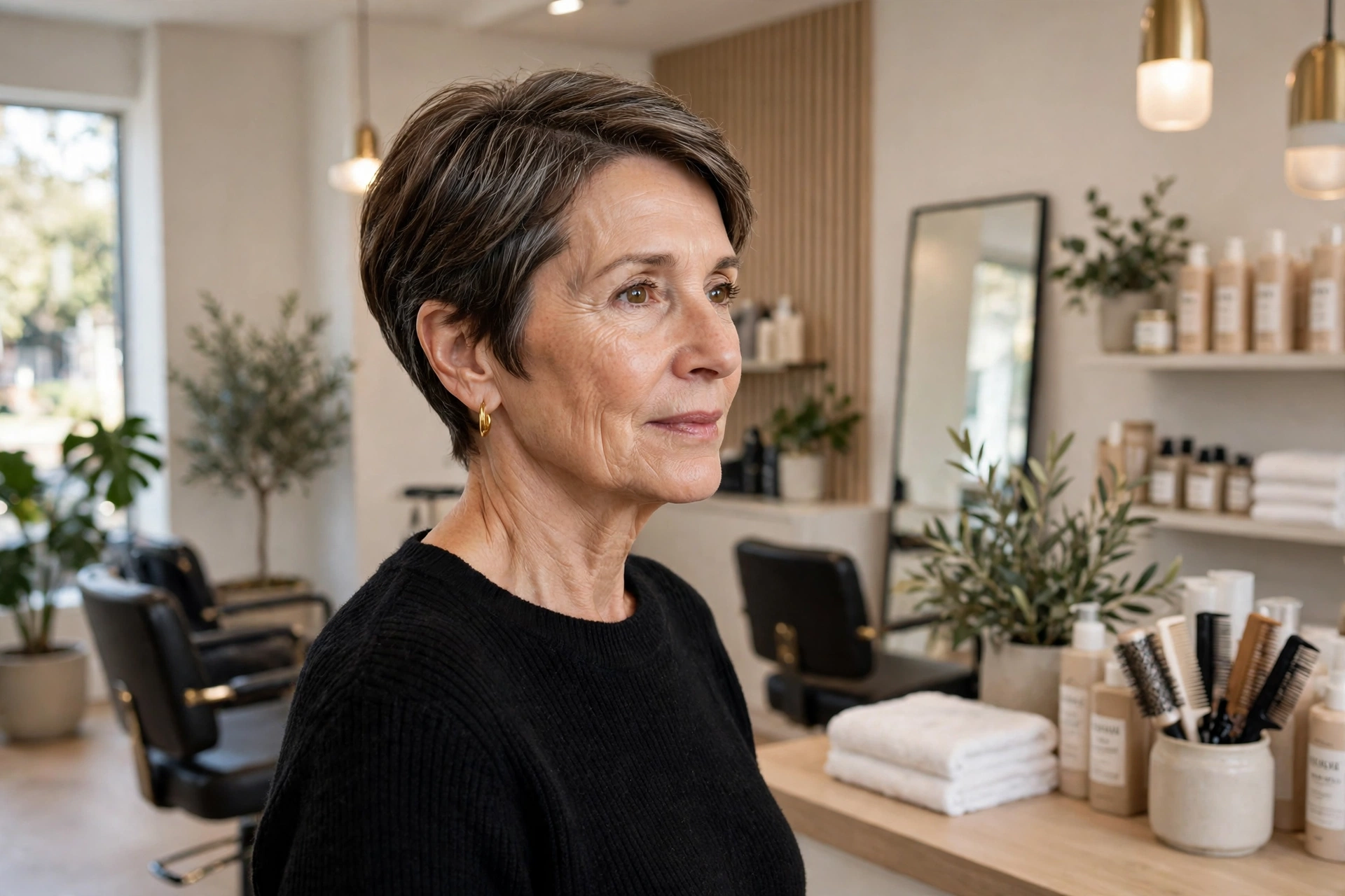 A woman in her late fifties with a refined short cut and a smooth outline, standing in a bright modern salon with soft neutral walls, photographed from a three-quarter angle, clean bright style.
