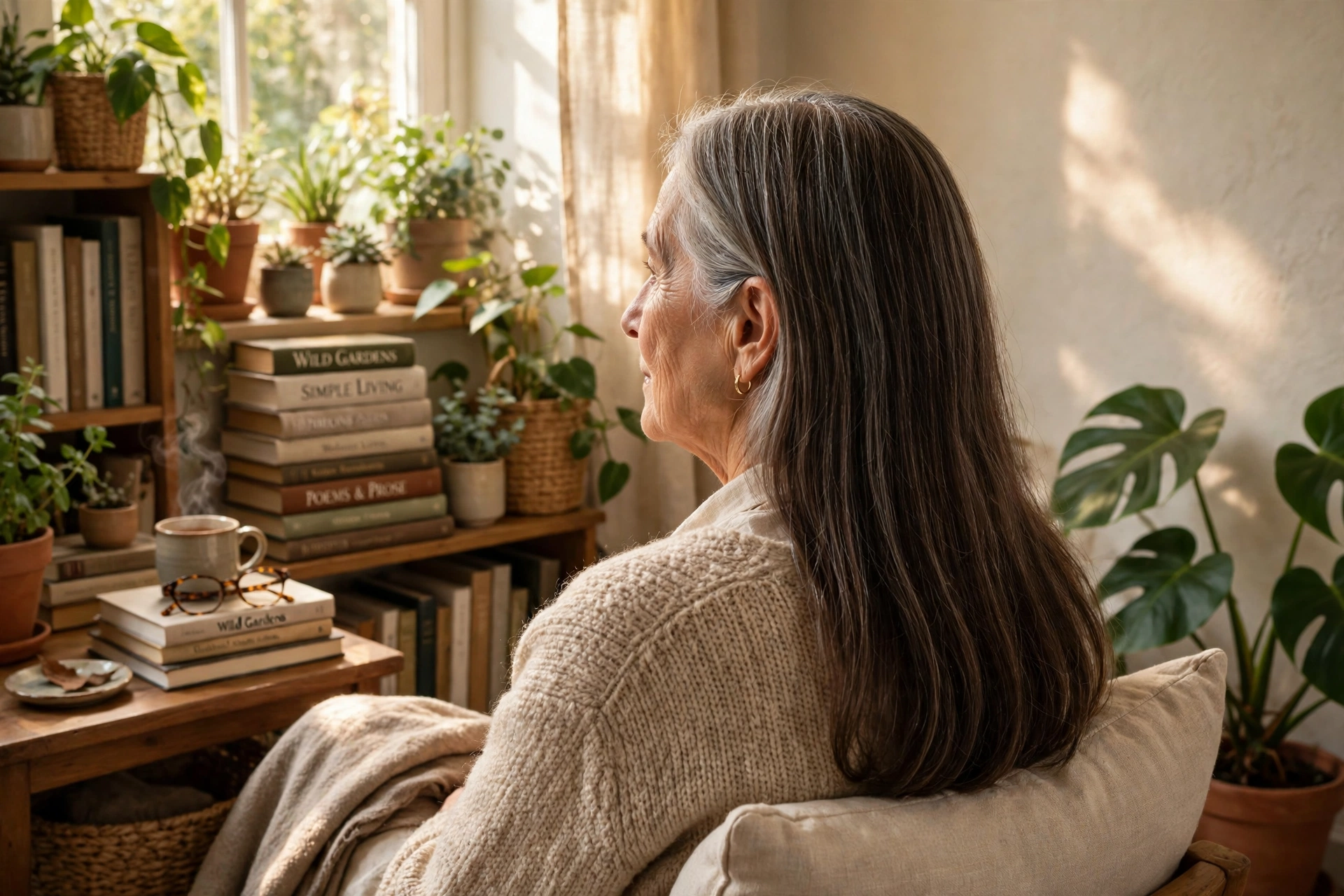 A woman in her early sixties with a simple long cut and healthy ends, sitting in a sunlit reading corner with books and plants, photographed from behind at a three-quarter angle, warm and peaceful mood.