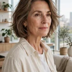 A woman in her late fifties with a modern lived-in lob featuring soft texture and gentle movement, standing in a bright, contemporary apartment with large windows and soft daylight, photographed from a three-quarter angle at chest height, clean editorial style.