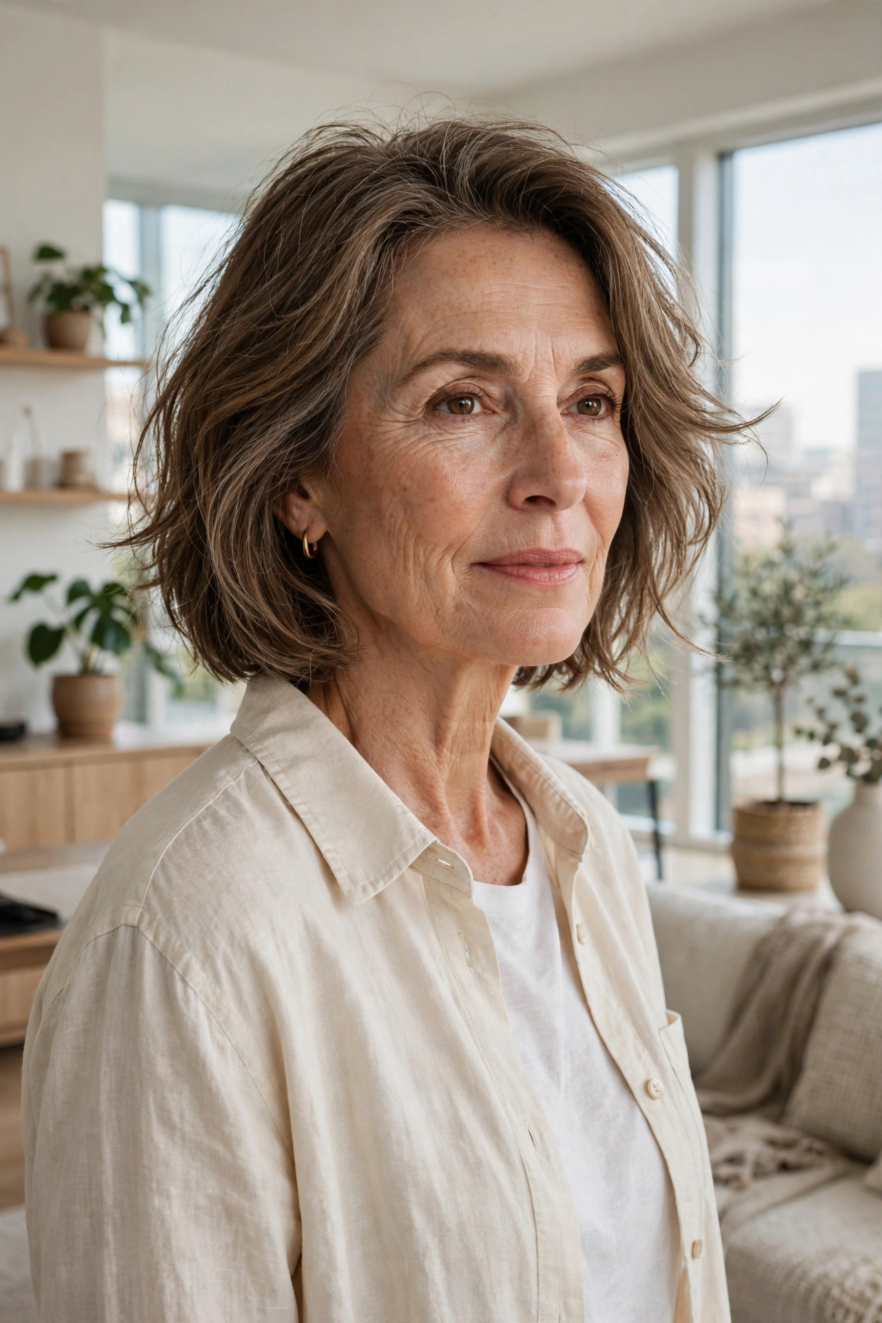 A woman in her late fifties with a modern lived-in lob featuring soft texture and gentle movement, standing in a bright, contemporary apartment with large windows and soft daylight, photographed from a three-quarter angle at chest height, clean editorial style.