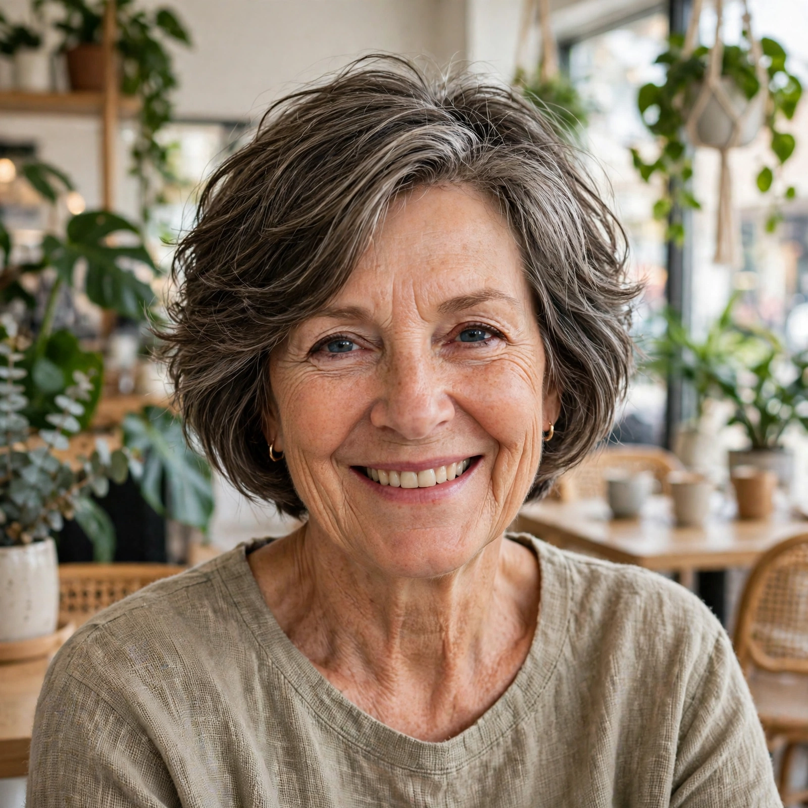 A woman in her early sixties with a fresh textured bob and soft movement, seated in a trendy, bright café with plants and natural light, photographed straight-on from the shoulders up, cheerful mood.