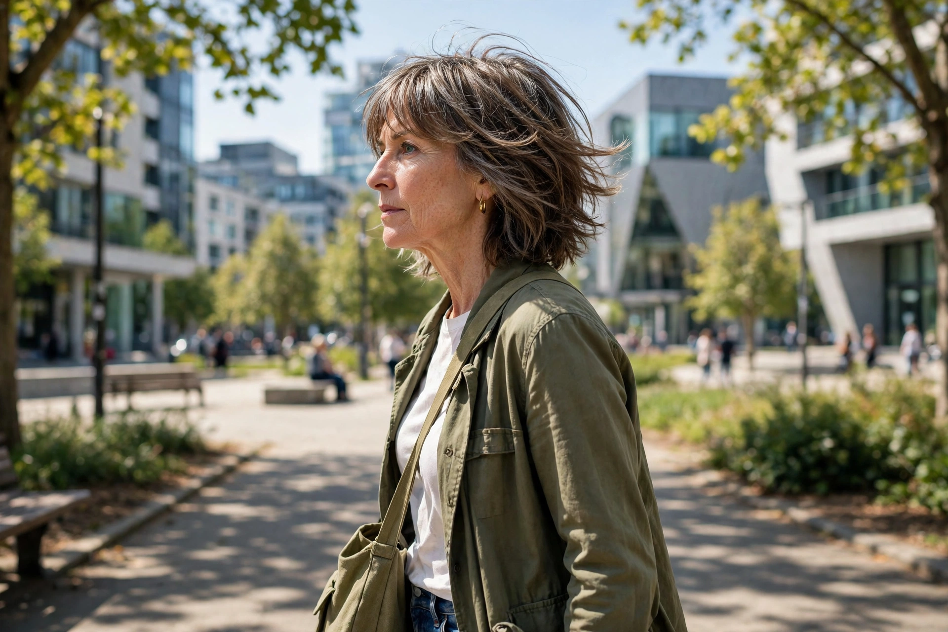 A woman in her mid-fifties with a contemporary midi shag and soft edges, walking in a sunny urban park with modern architecture behind her, photographed from a side angle, bright daylight.