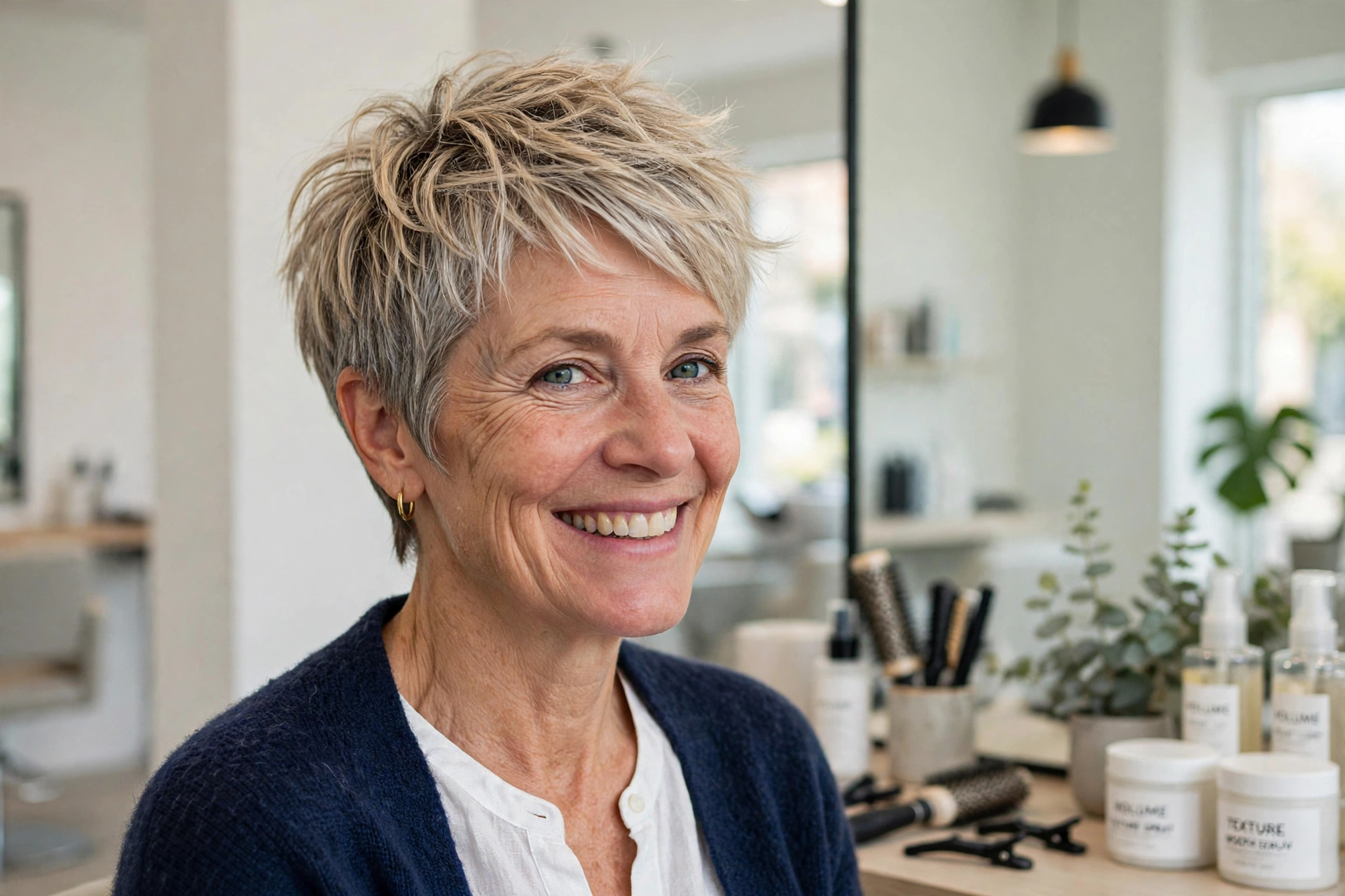 A woman in her late fifties with a modern pixie featuring a tousled top, smiling in a bright modern salon with pale walls, photographed from a three-quarter angle, clean bright style.