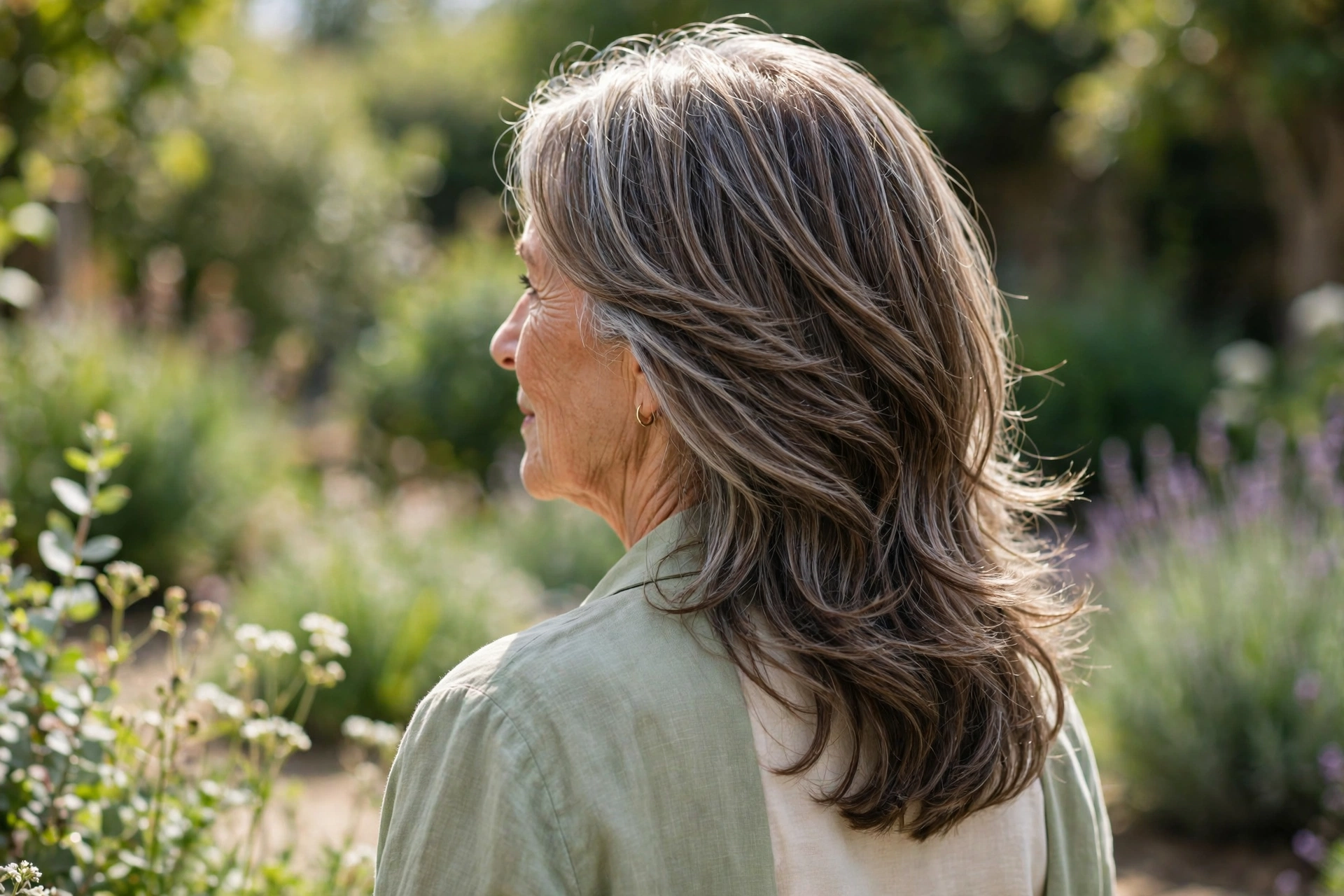 A woman in her early sixties with a contemporary long cut and fresh flowing layers, standing in a sunlit garden with soft-focus greenery, photographed from behind at a three-quarter angle, graceful and fresh mood.