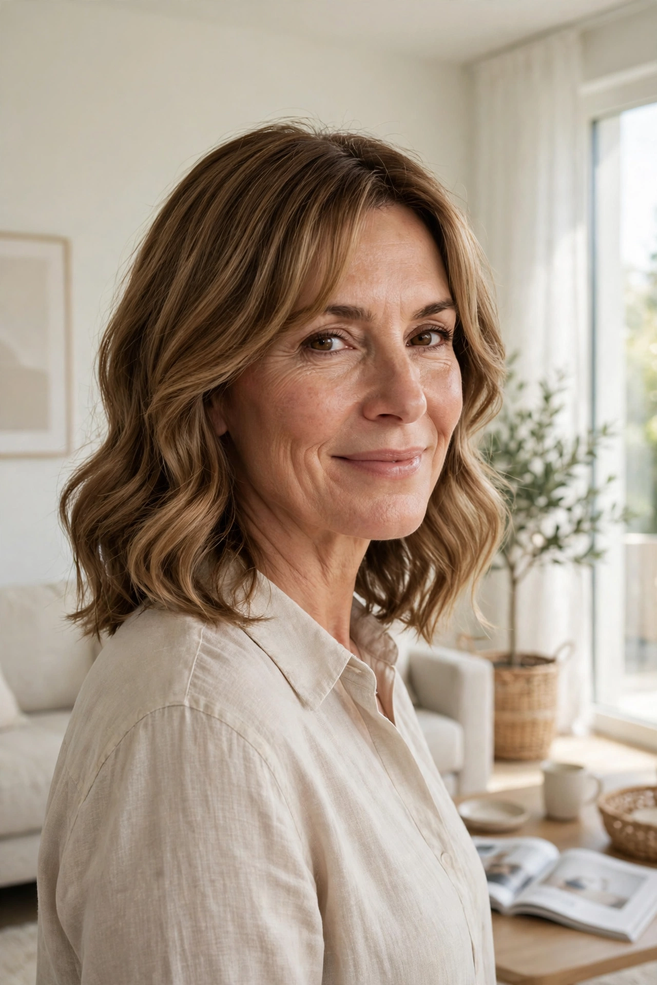 A confident woman in her mid-forties with a curtain-fringe lob and soft waves, smiling gently, standing in a bright modern living room with pale walls and morning light, three-quarter angle, clean bright editorial style.