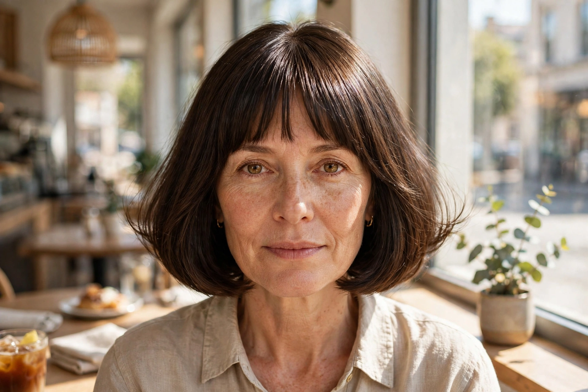 A woman in her early forties with a bottleneck-fringe bob and a smooth finish, seated in a sunlit cafe near a window, straight-on from the shoulders up, bright natural lighting.