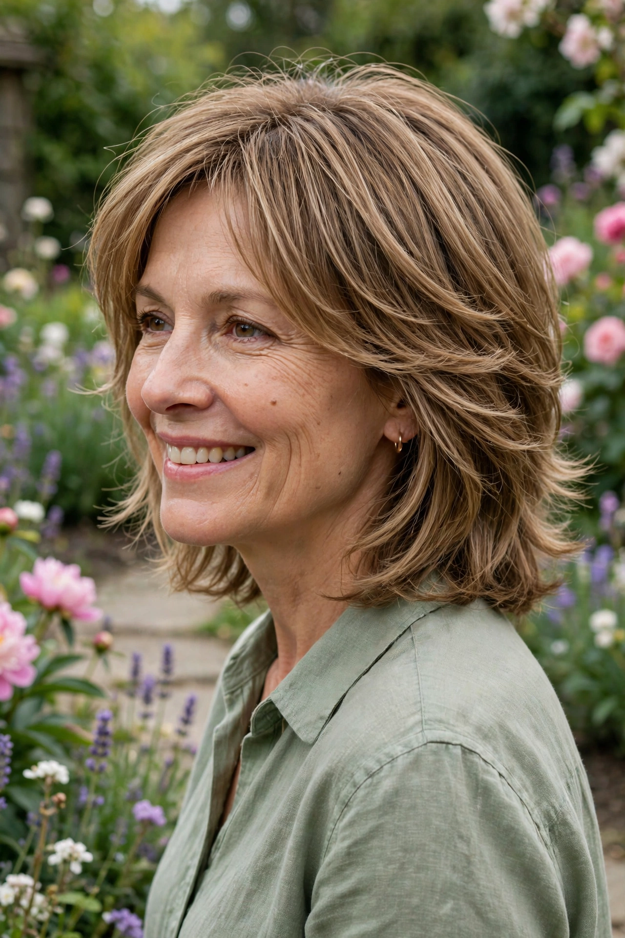 A woman in her late forties with a butterfly mid-length cut and face-framing layers, standing outdoors in a blooming garden in soft daylight, slight side angle, fresh cheerful mood.