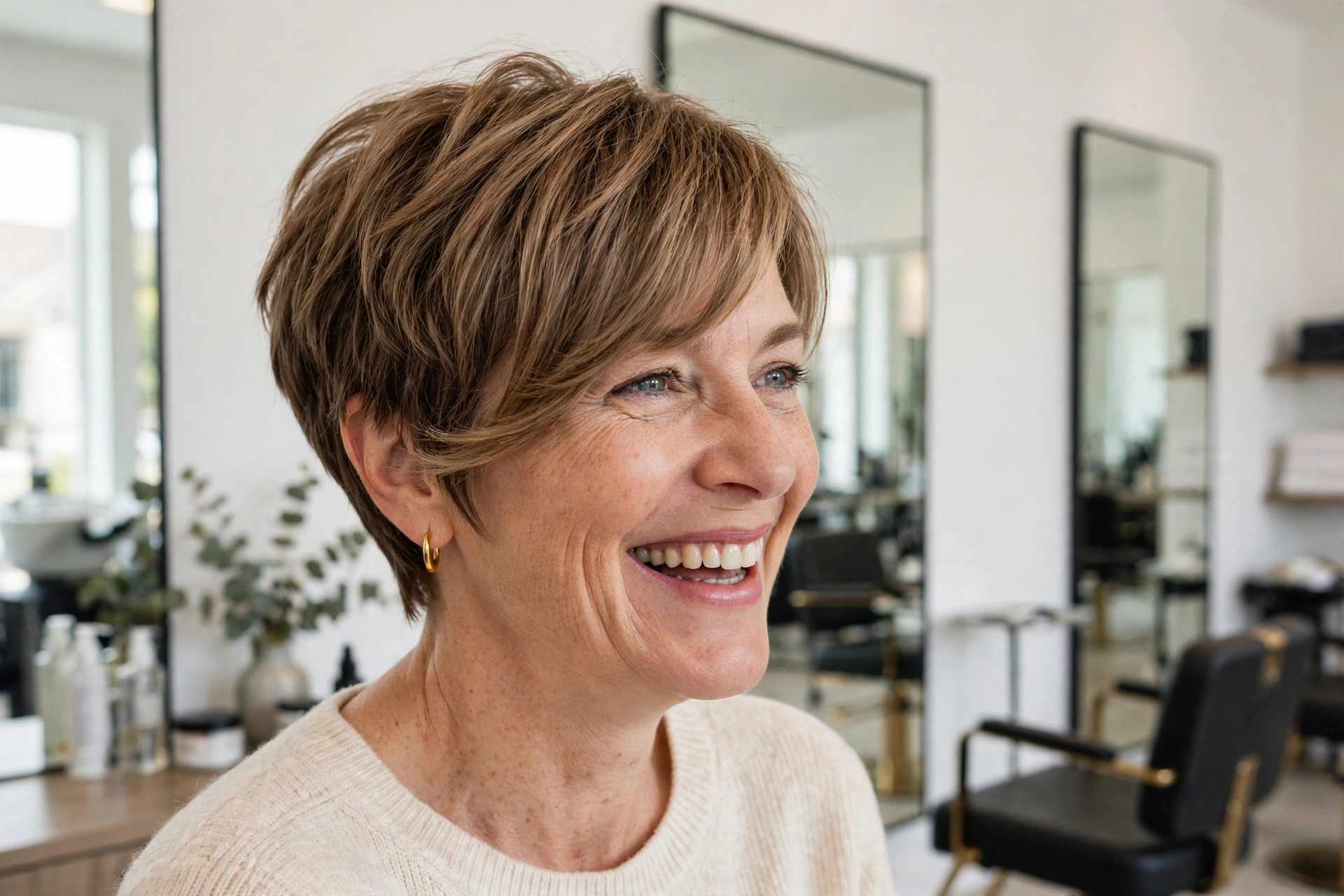 A woman in her mid-forties with an airy pixie and a long sweeping fringe, laughing softly in a bright salon with white walls and large mirrors, three-quarter angle, clean bright style.