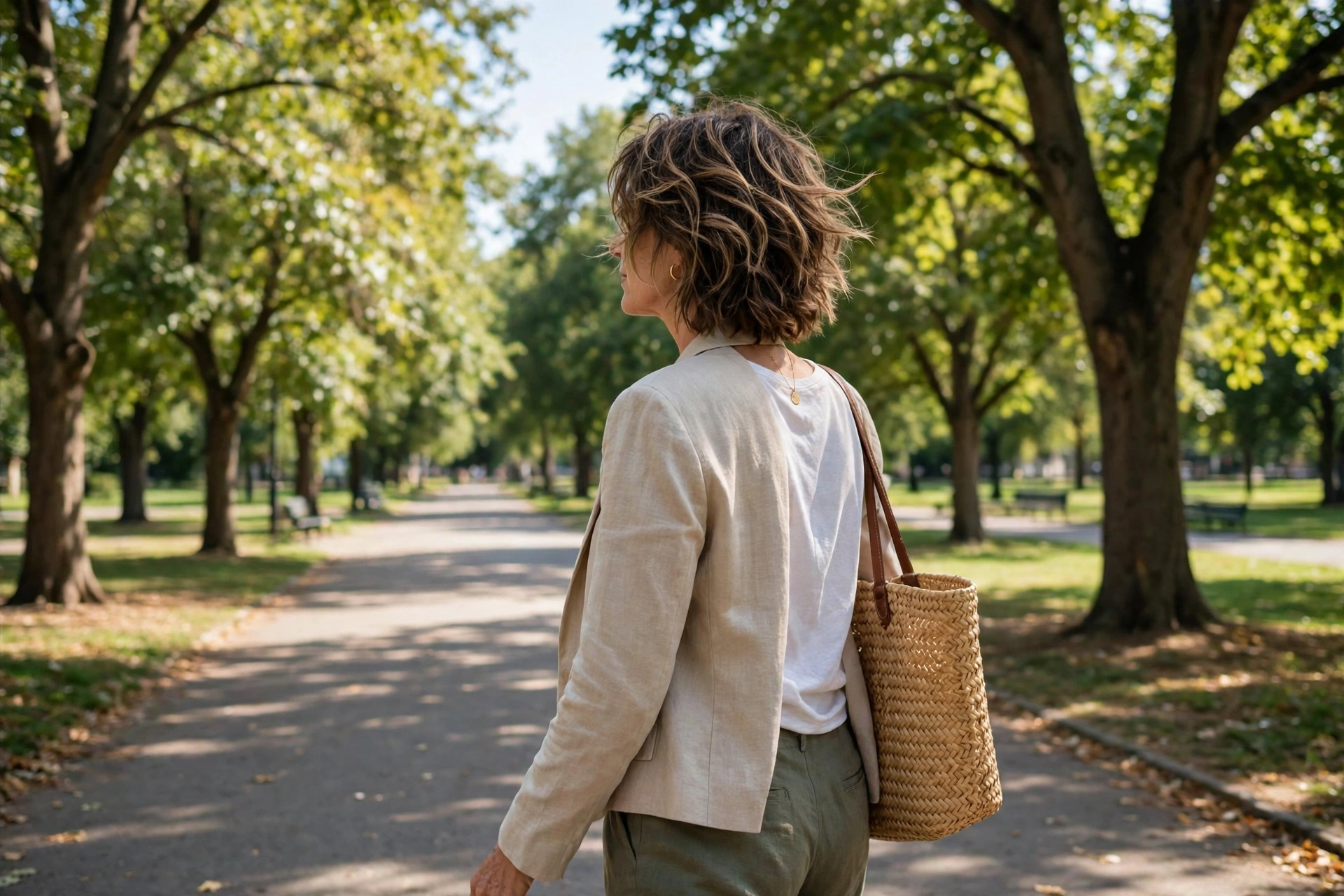 A woman in her early forties with a tousled lob and beach texture, walking along a sunny park path lined with trees, from behind at a three-quarter angle, bright daylight, relaxed elegant mood.