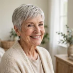 A graceful woman in her mid-seventies with a silver pixie and soft side parting, smiling warmly, standing in a bright cozy living room with pale walls and soft window light, three-quarter angle, clean bright editorial style.