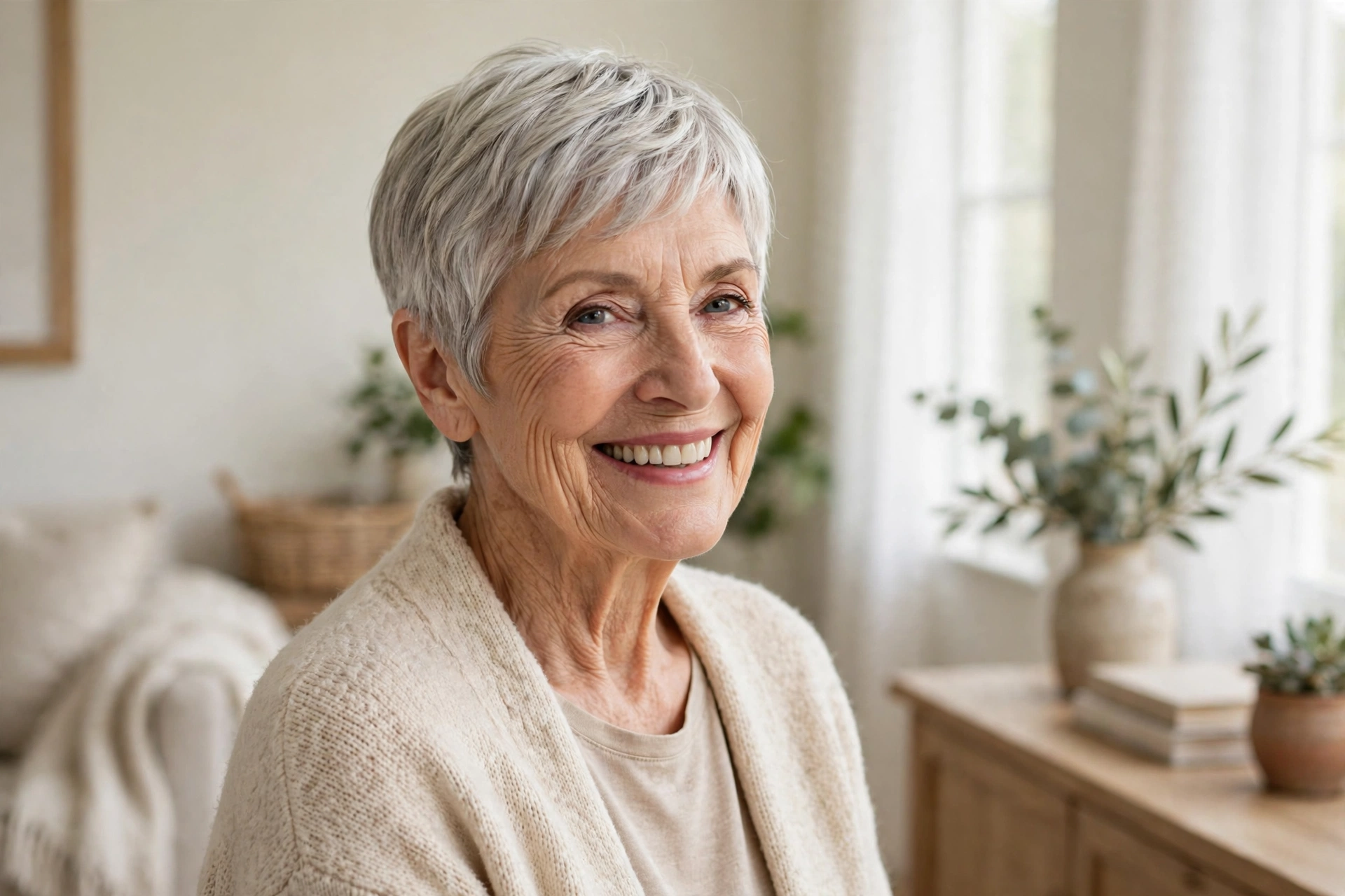A graceful woman in her mid-seventies with a silver pixie and soft side parting, smiling warmly, standing in a bright cozy living room with pale walls and soft window light, three-quarter angle, clean bright editorial style.