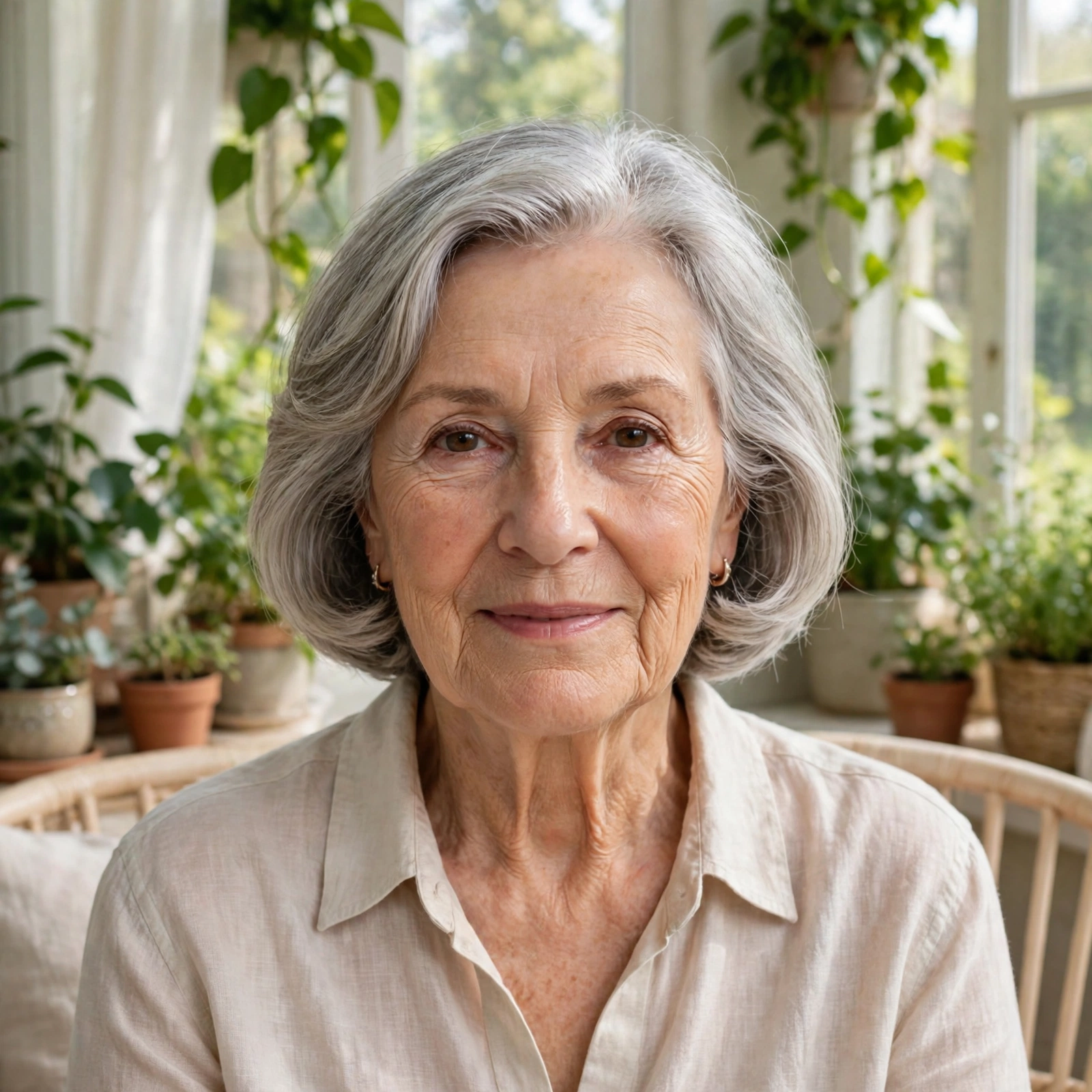 A woman in her early seventies with an elegant ear-length bob and softly rounded ends, seated in a sunlit garden room with plants and pale furniture, straight-on from the shoulders up, bright natural lighting.
