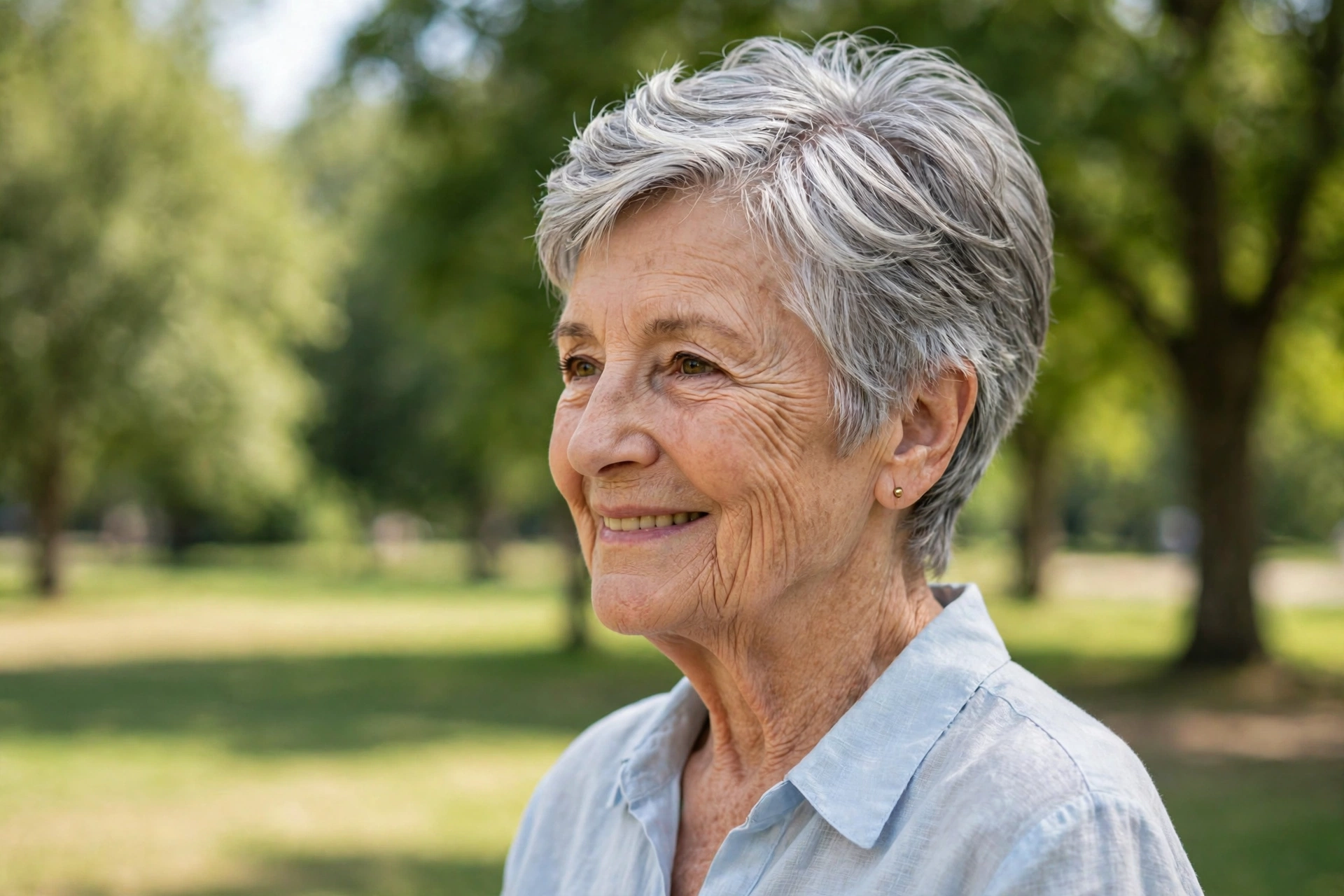A woman in her late seventies with a short crop and feathered crown layers, wearing a light blouse, standing outdoors in a sunny park with soft green trees behind her, slight side angle, calm cheerful mood.