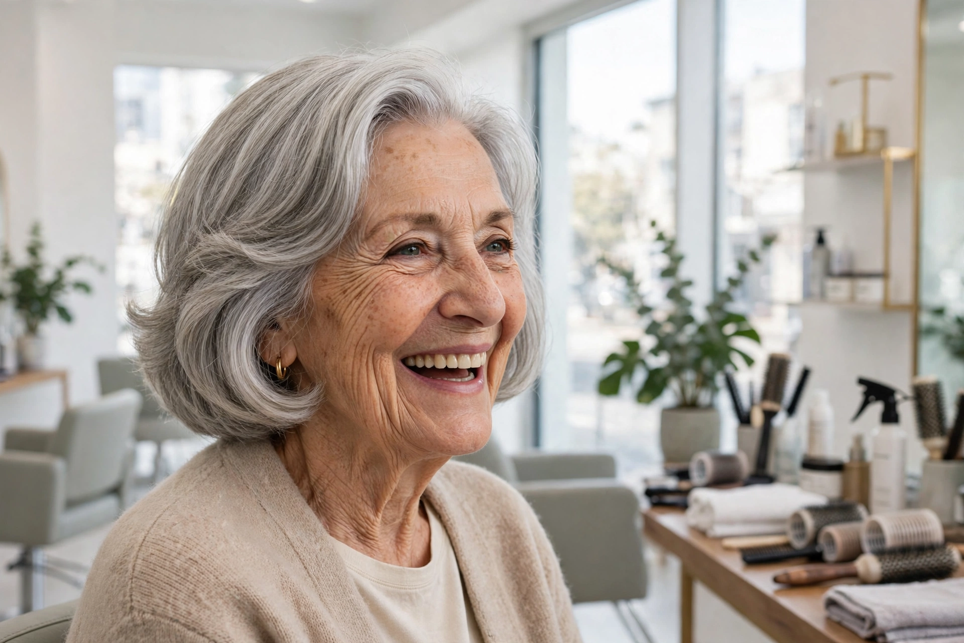A woman in her mid-seventies with a chin bob and gentle waves, laughing softly in a bright modern salon with white walls and large windows, three-quarter angle, clean bright style.