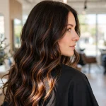 A woman with long, dark brown hair in soft loose waves, photographed from behind over one shoulder in bright salon light, with hand-painted bronze and amber balayage ribbons catching the light through the lengths.