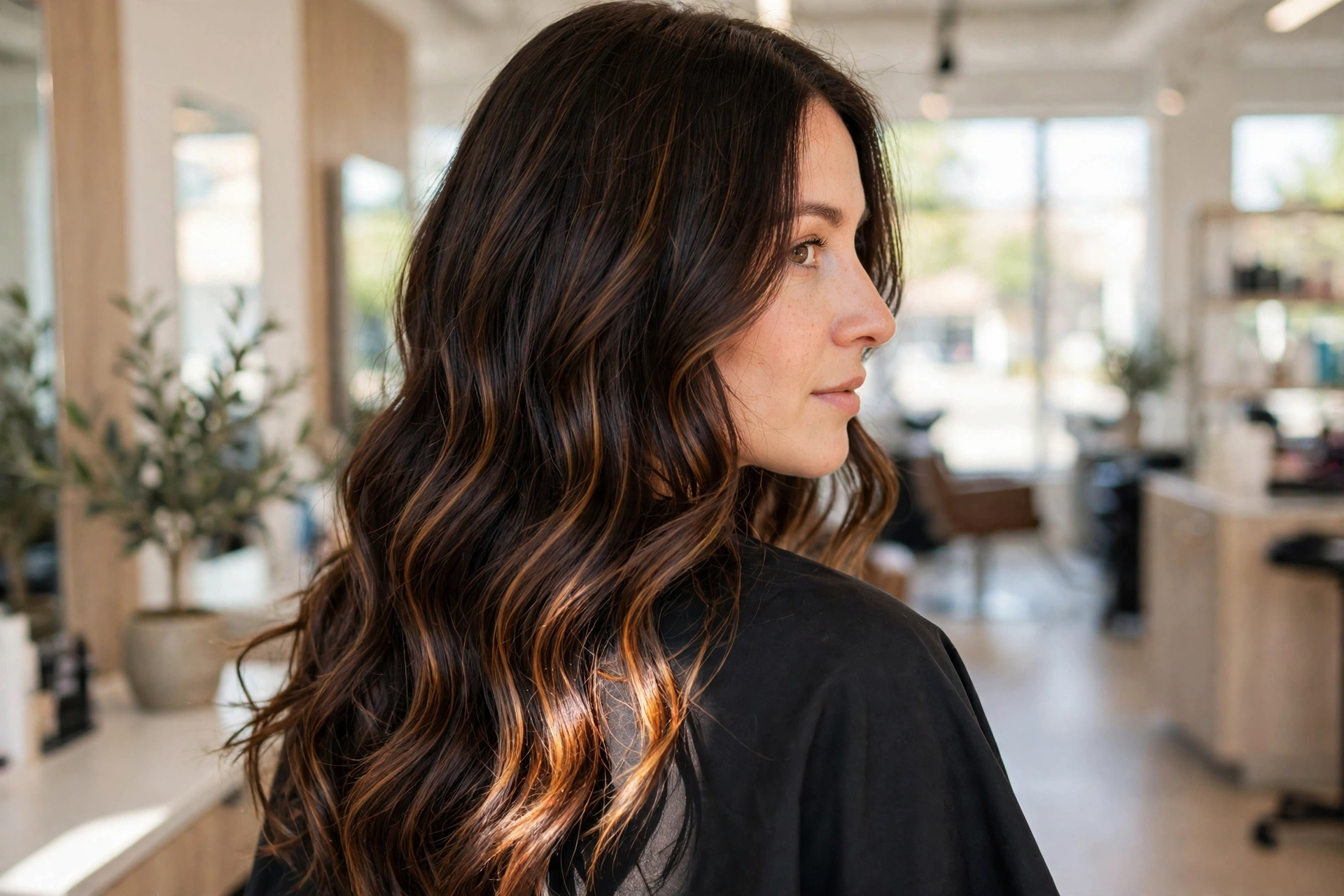 A woman with long, dark brown hair in soft loose waves, photographed from behind over one shoulder in bright salon light, with hand-painted bronze and amber balayage ribbons catching the light through the lengths.