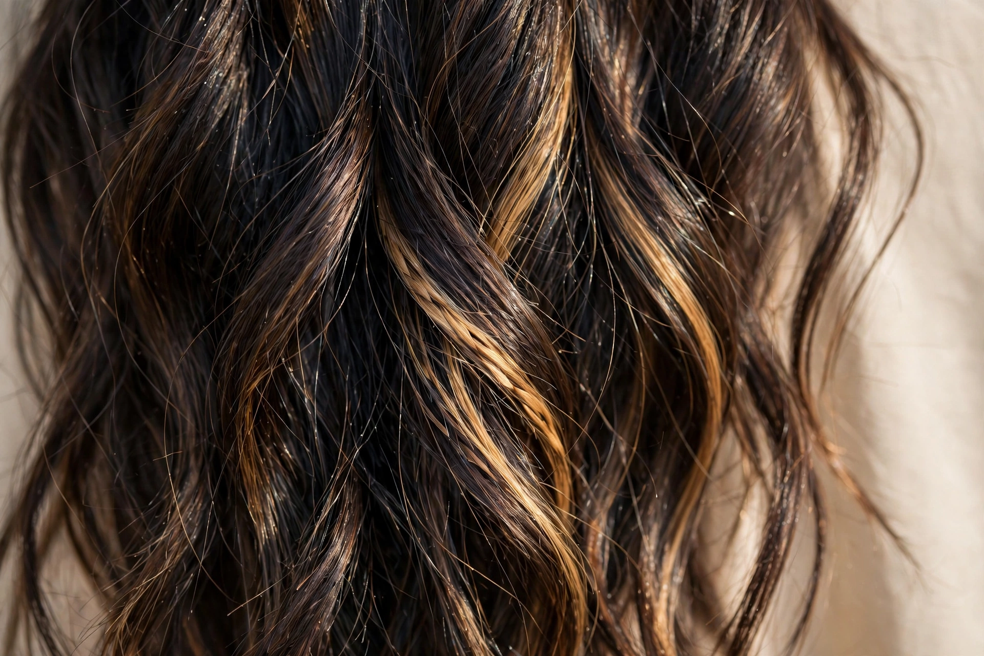 Close-up of dark hair with fine espresso and gold balayage ribbons woven through the mid-lengths, photographed in warm daylight against a soft neutral background.