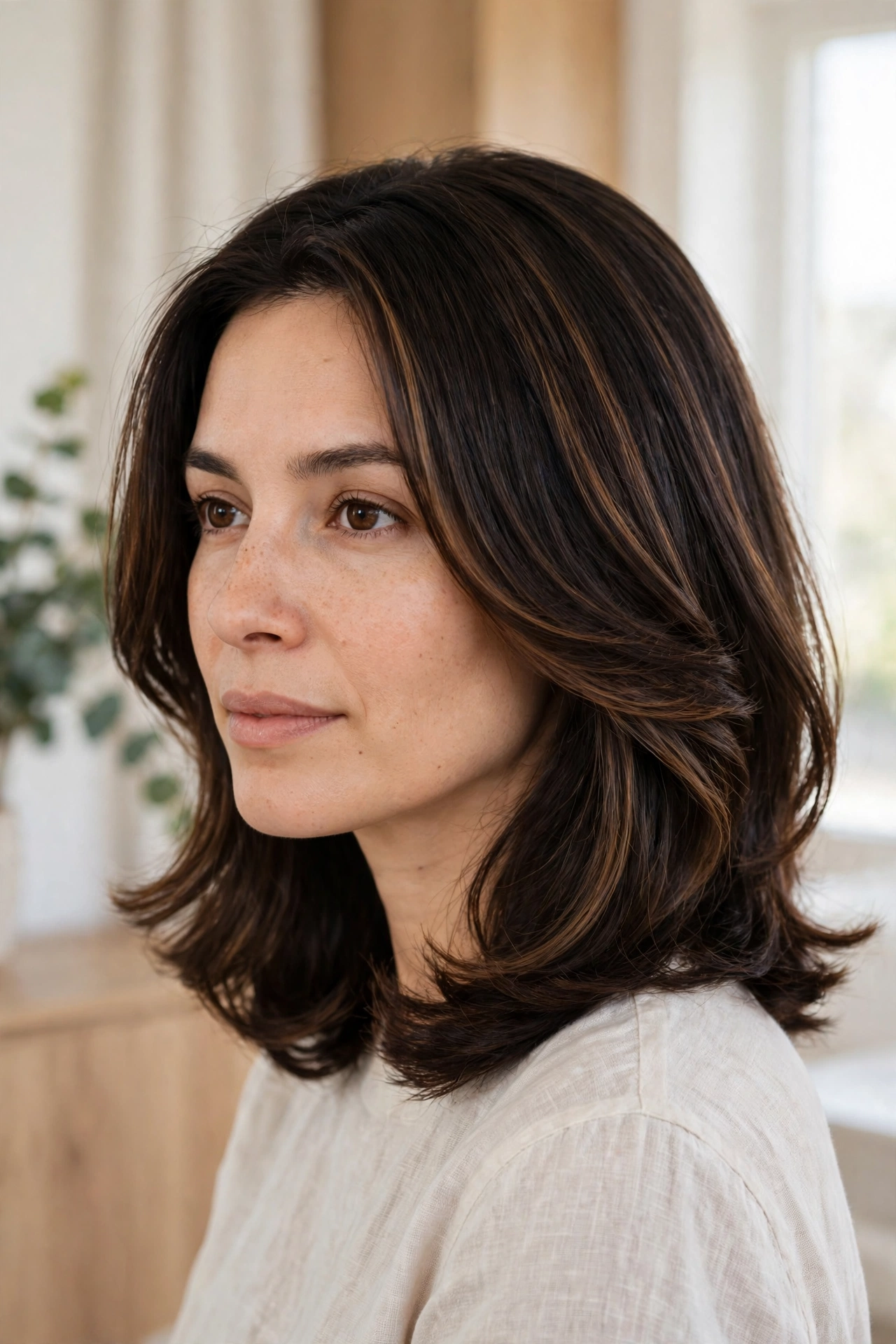 A woman with shoulder-length dark hair in a smooth blow-dry, shown in three-quarter view in a bright room, with subtle walnut and bronze dimension visible around her face.