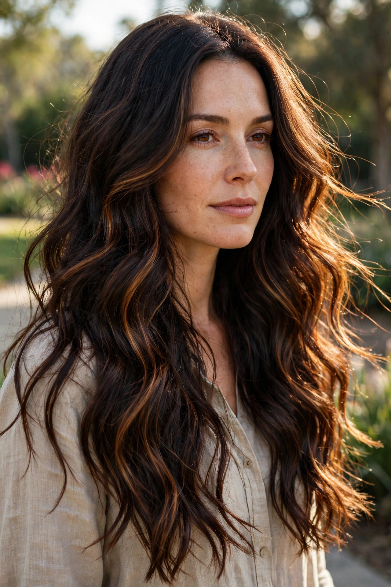 A woman with long dark wavy hair standing outdoors in gentle afternoon light, with mahogany and amber balayage ribbons visible as the waves move.