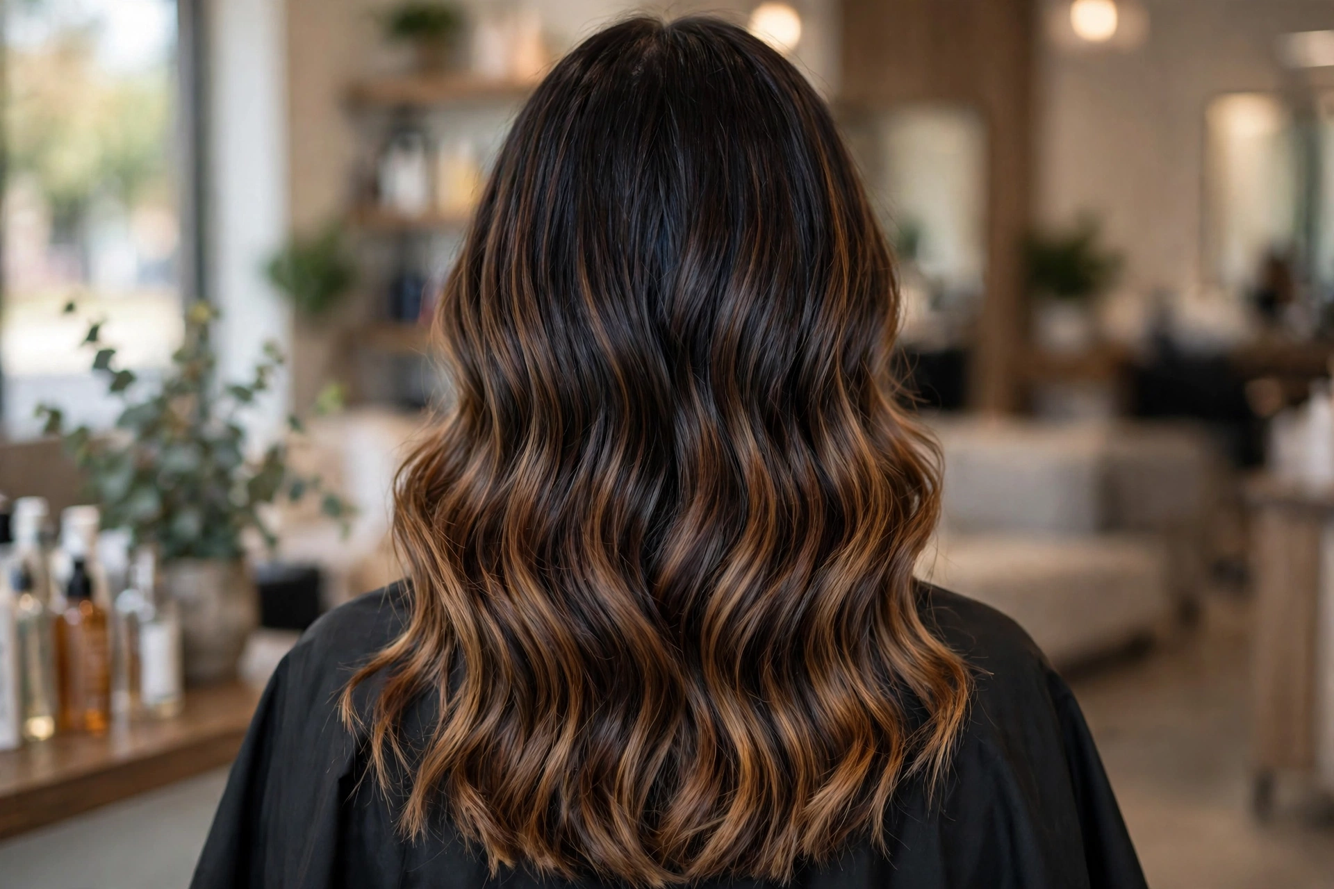 Back view of a woman with dark hair styled in loose, glossy waves in a salon, showing a gradual blend from a deep dark root to lighter bronze ends.