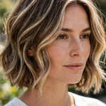 A woman with a chin-length textured bob in soft waves, photographed in bright daylight, with airy balayage ribbons visible through the top layers and around her face.